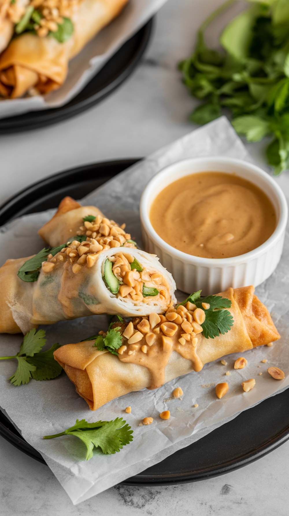 Delicious Thai peanut chicken eggrolls with a dipping sauce.