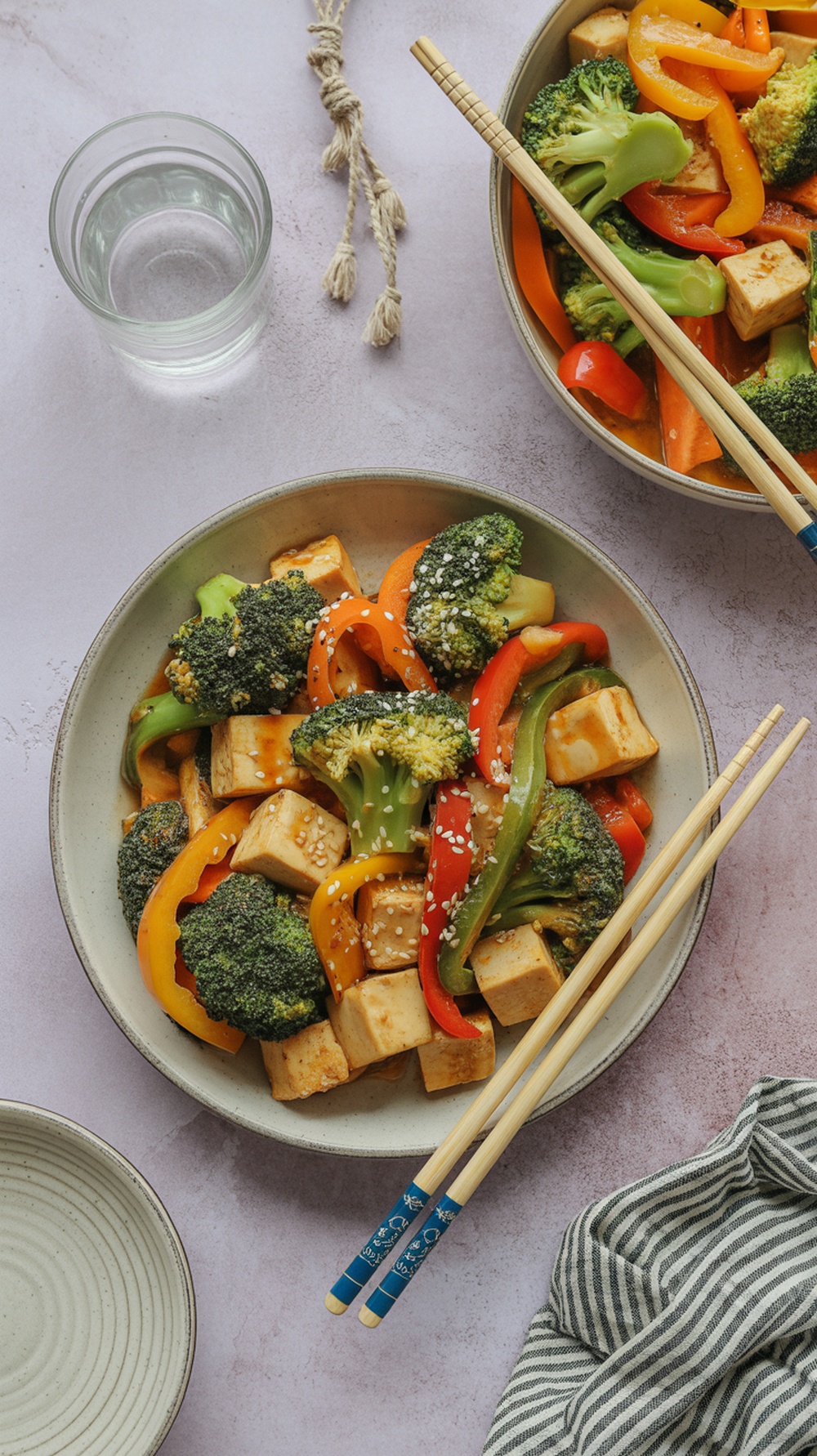 A colorful tofu stir-fry with broccoli and peppers served in a bowl with chopsticks.