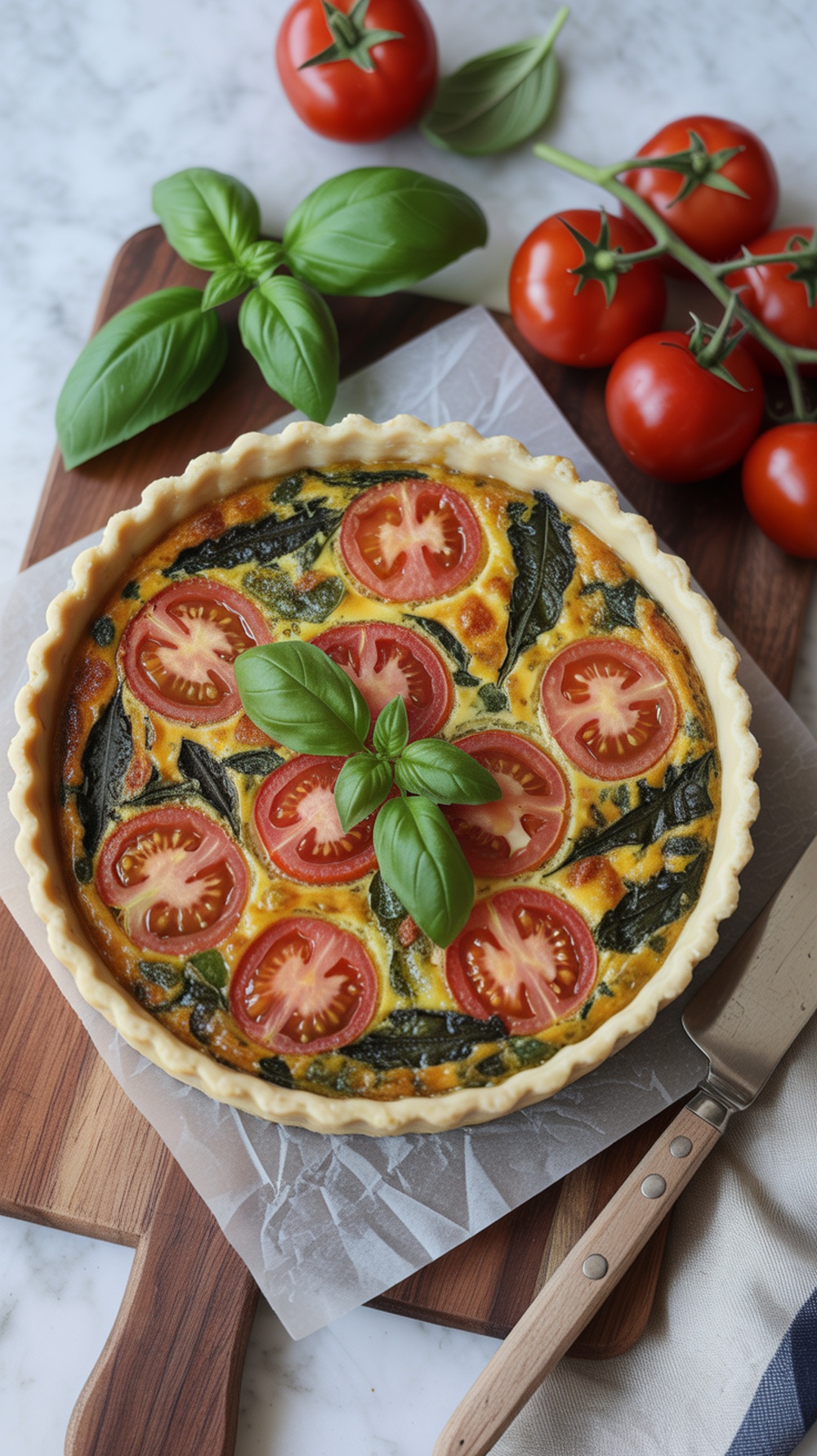 Delicious Tomato and Basil Quiche garnished with fresh basil leaves