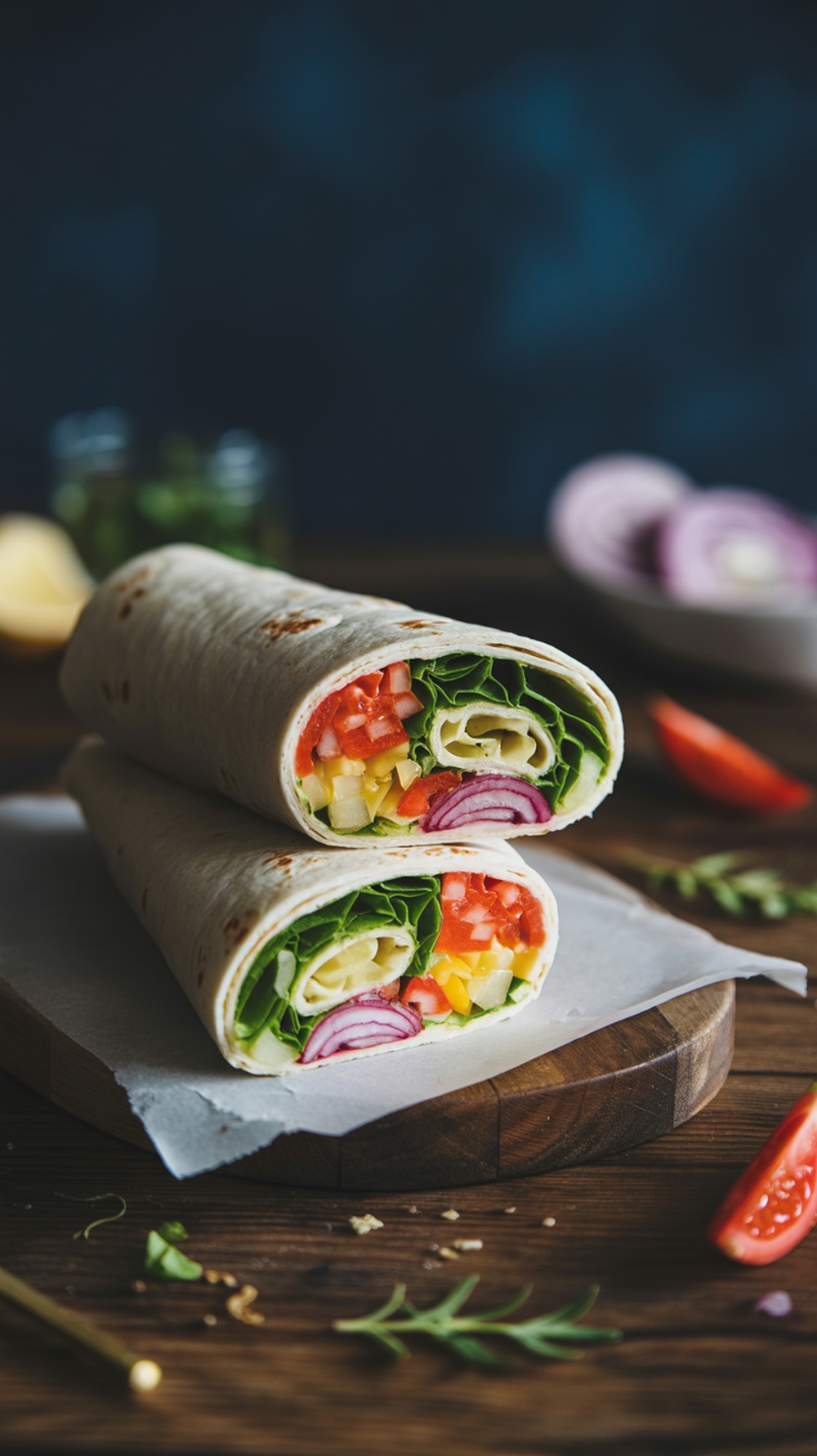 Two tortilla wraps filled with colorful vegetables and chicken, placed on a wooden board.