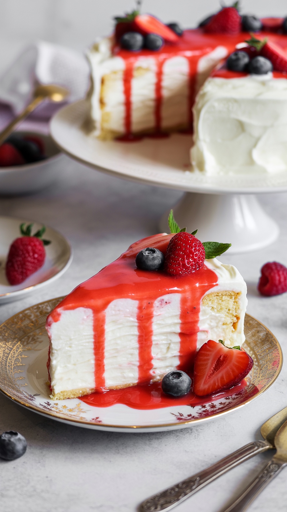 A slice of Tres Leches Cake topped with fresh berries and a drizzle of strawberry sauce.