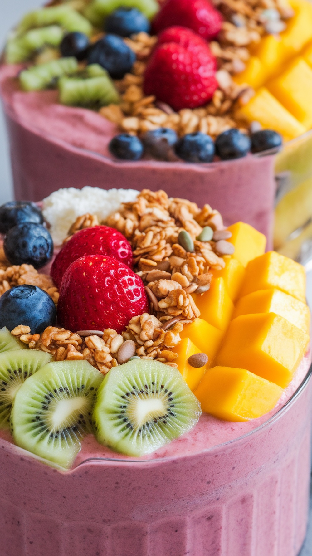 A vibrant tropical fruit smoothie bowl topped with berries, mango, kiwi, and granola.