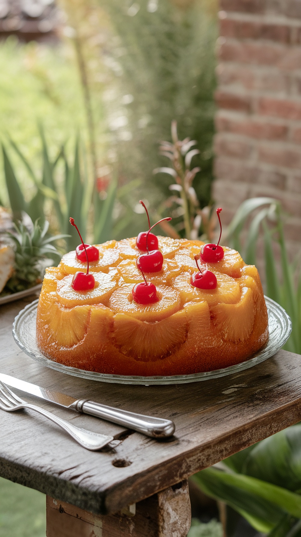 A beautifully arranged pineapple upside-down cake decorated with cherries on top.