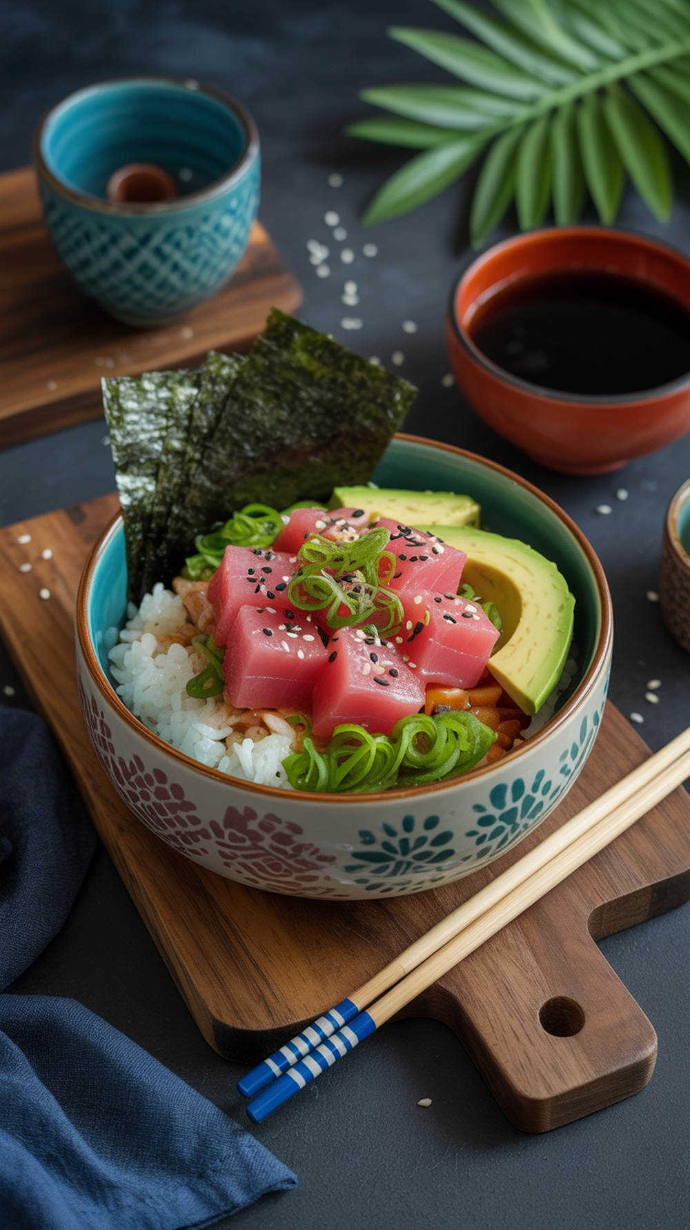 A vibrant Tuna Poke Bowl featuring diced tuna, avocado, green onions, sesame seeds, served in a colorful bowl.
