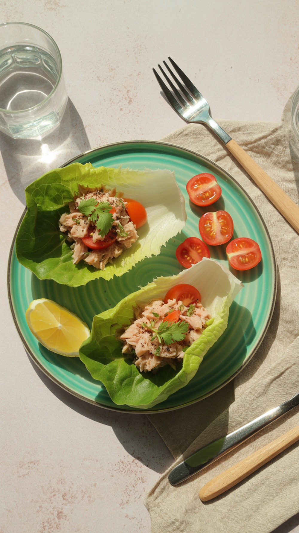 Colorful tuna salad lettuce cups served on a plate with cherry tomatoes and a lemon wedge.