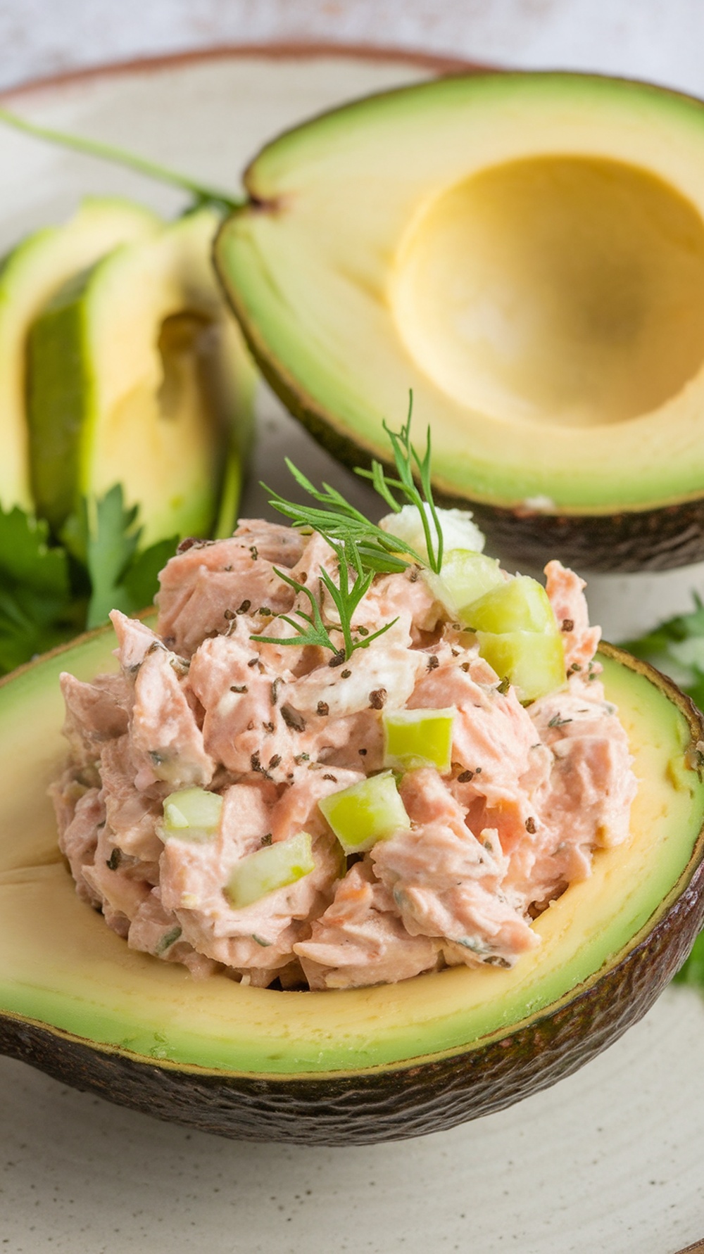 A plate with a halved avocado filled with tuna salad, garnished with celery and dill.