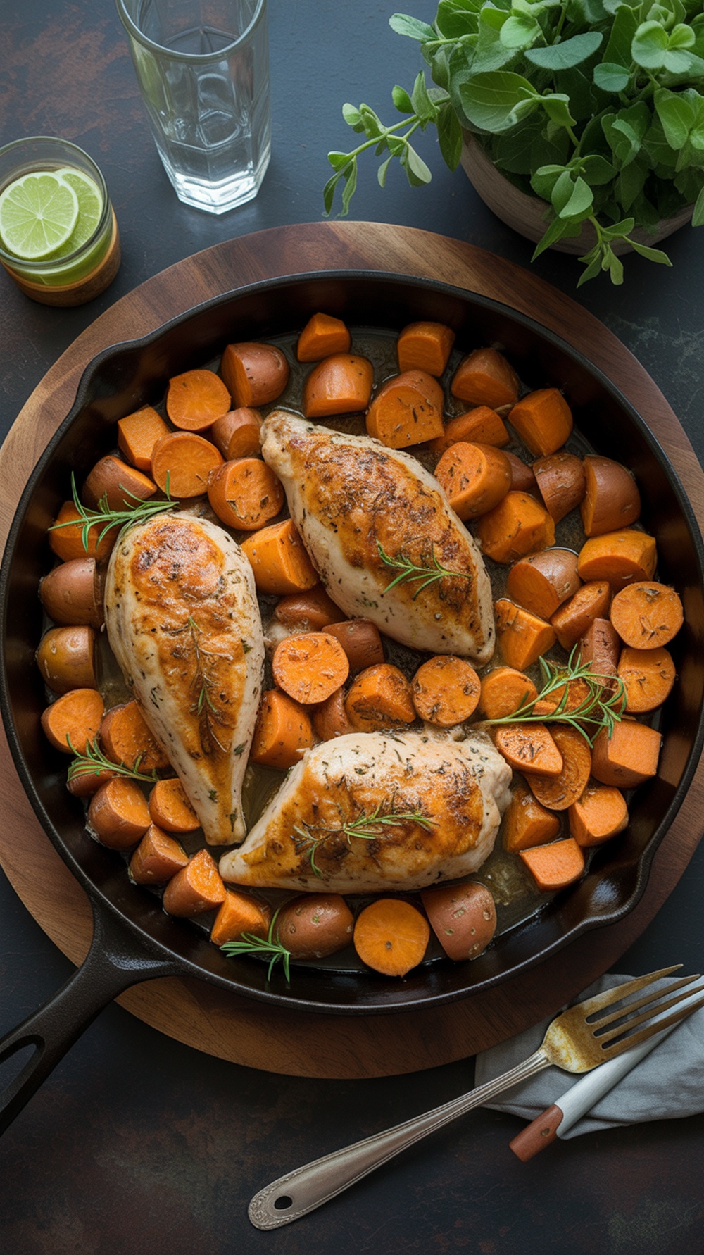 A skillet filled with turkey and sweet potatoes, garnished with herbs.