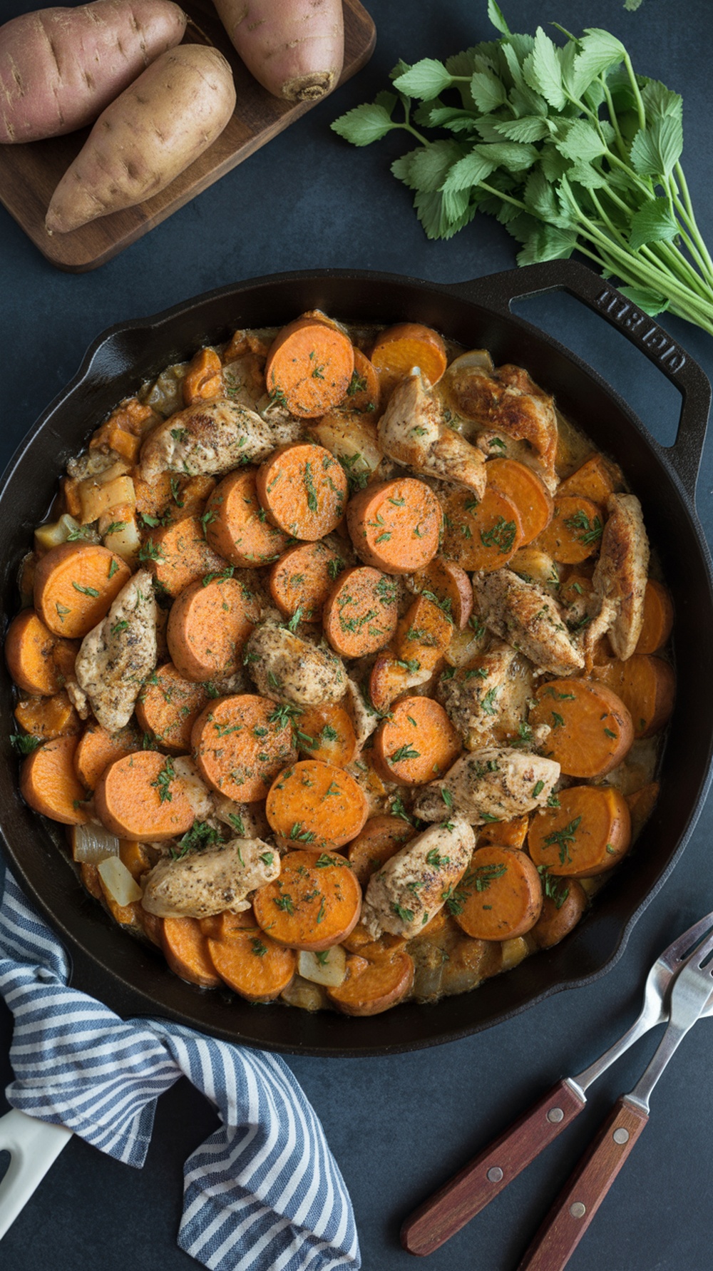 Turkey and Sweet Potato Skillet with fresh sweet potatoes and herbs