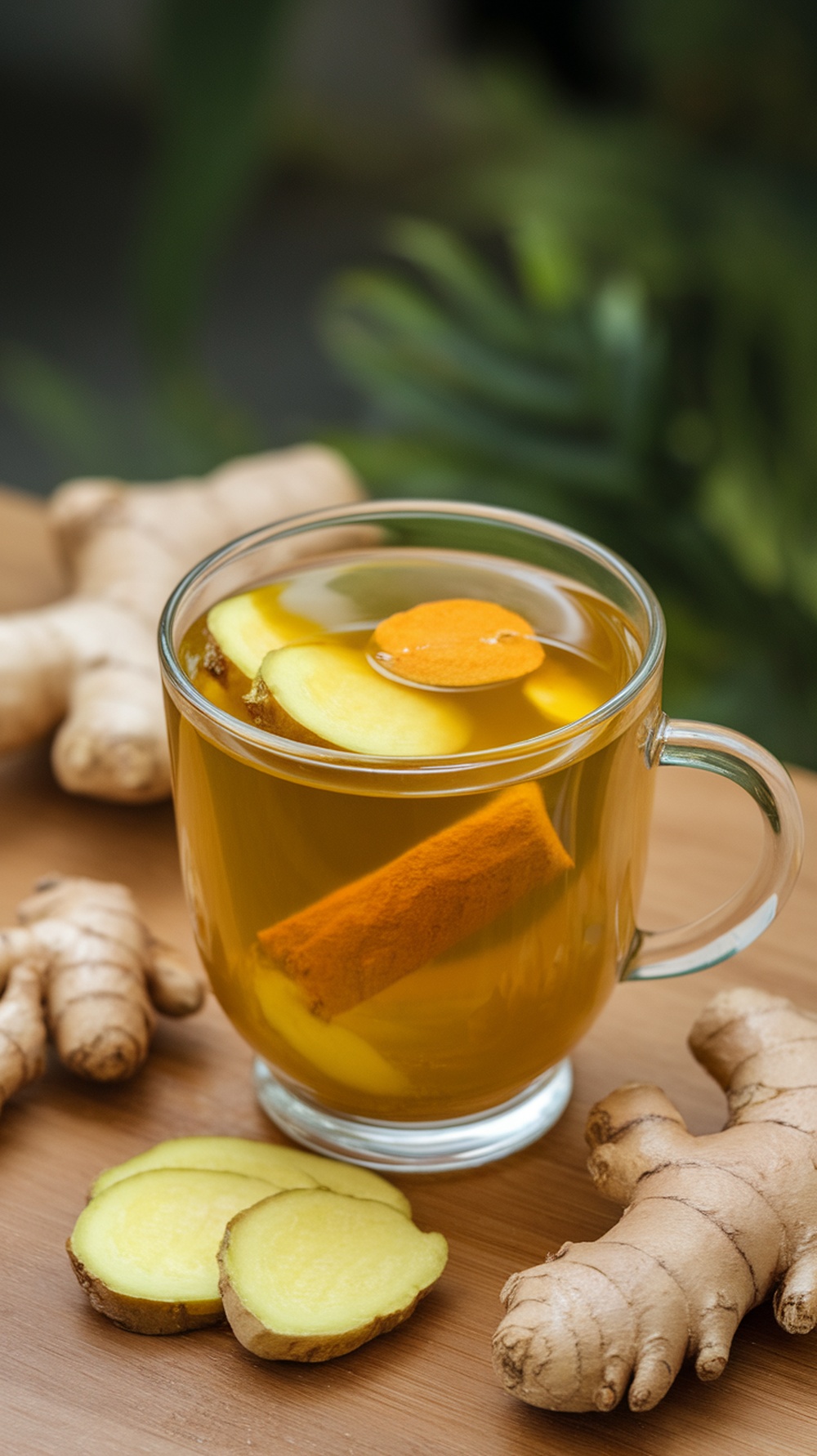A cup of turmeric ginger tea with fresh ginger roots in the background.