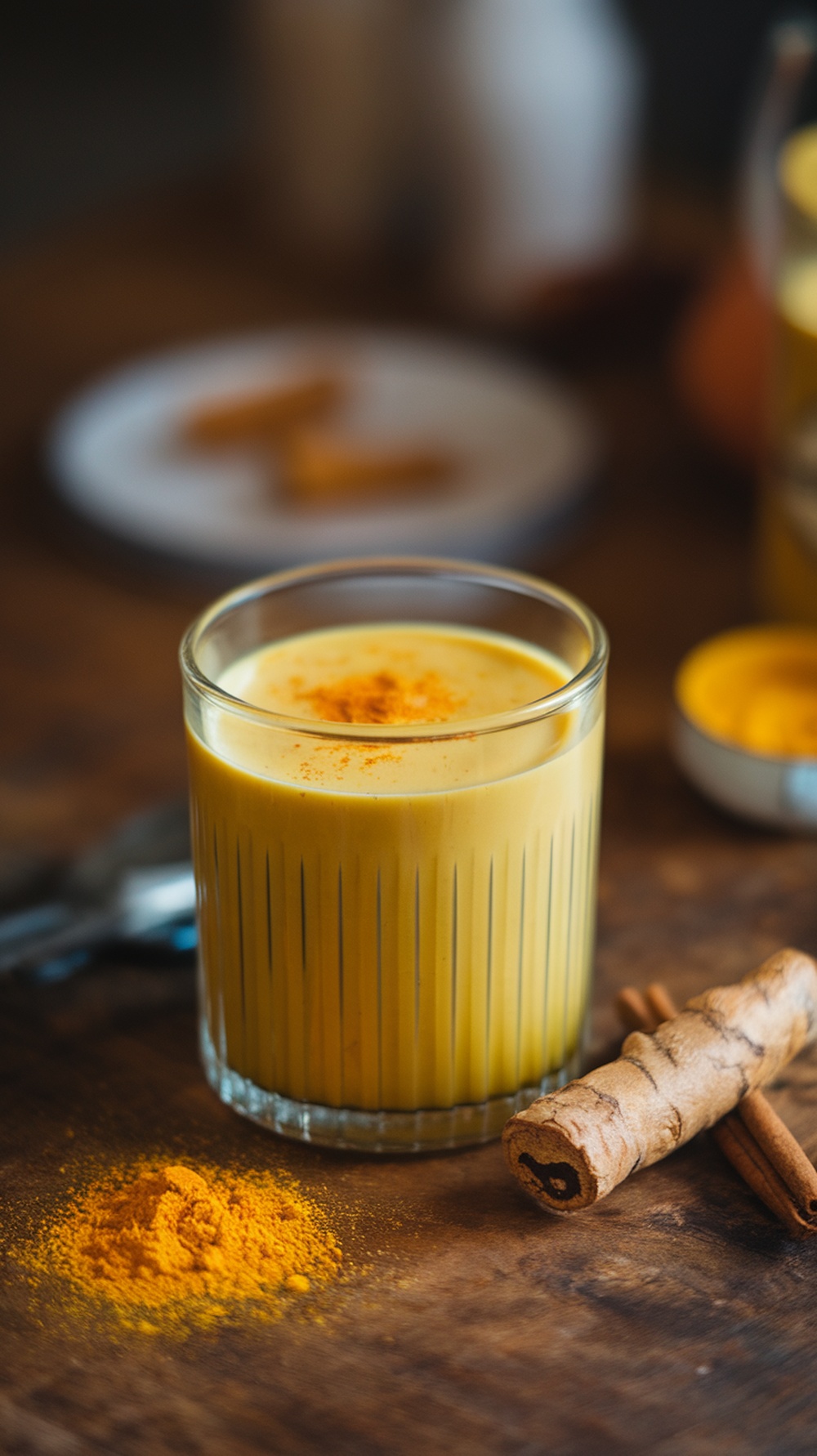 A glass of turmeric golden milk with a sprinkle of turmeric powder on top, surrounded by cinnamon sticks and fresh turmeric root.
