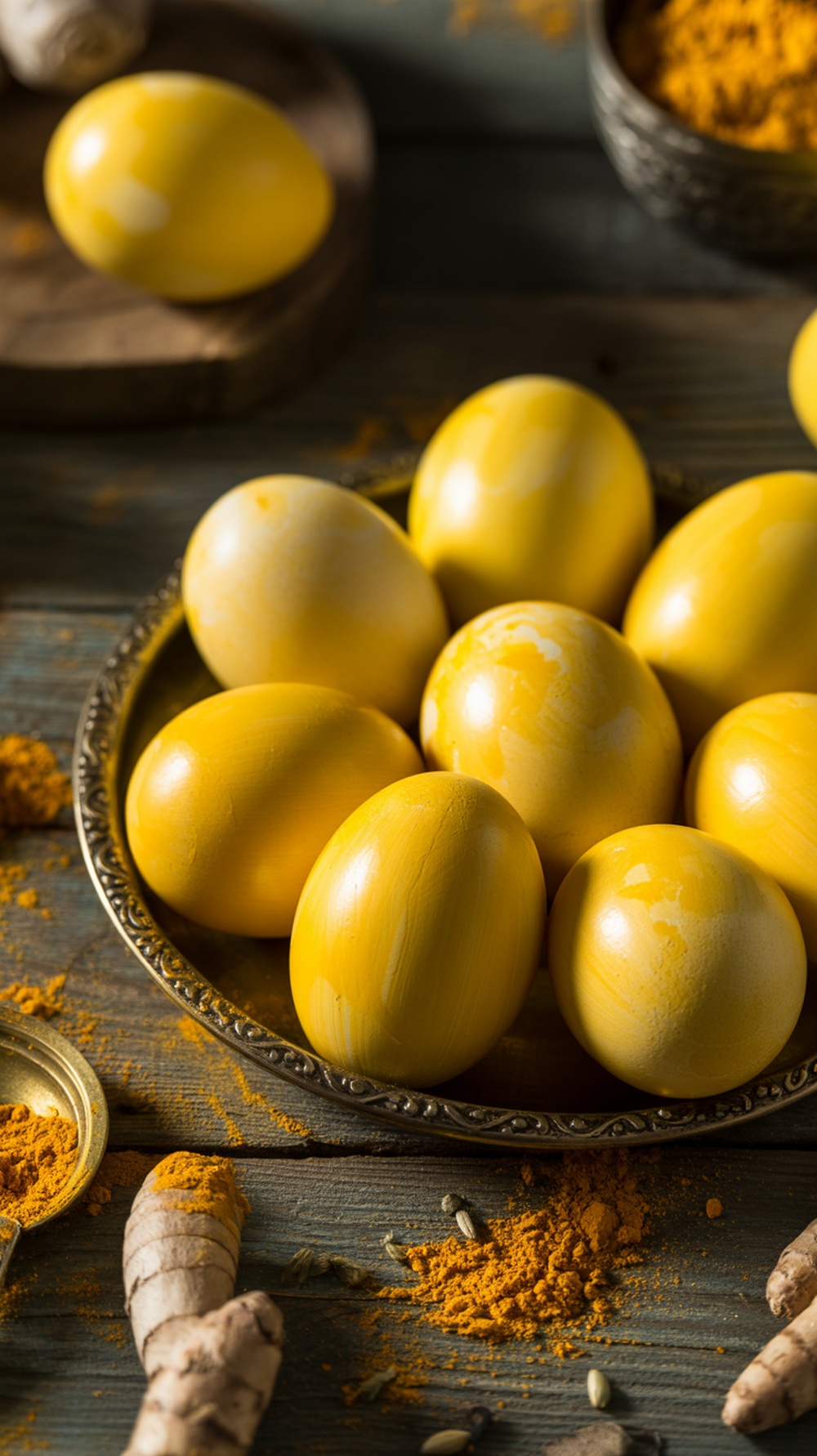 A collection of yellow-dyed Easter eggs and turmeric on a wooden table.