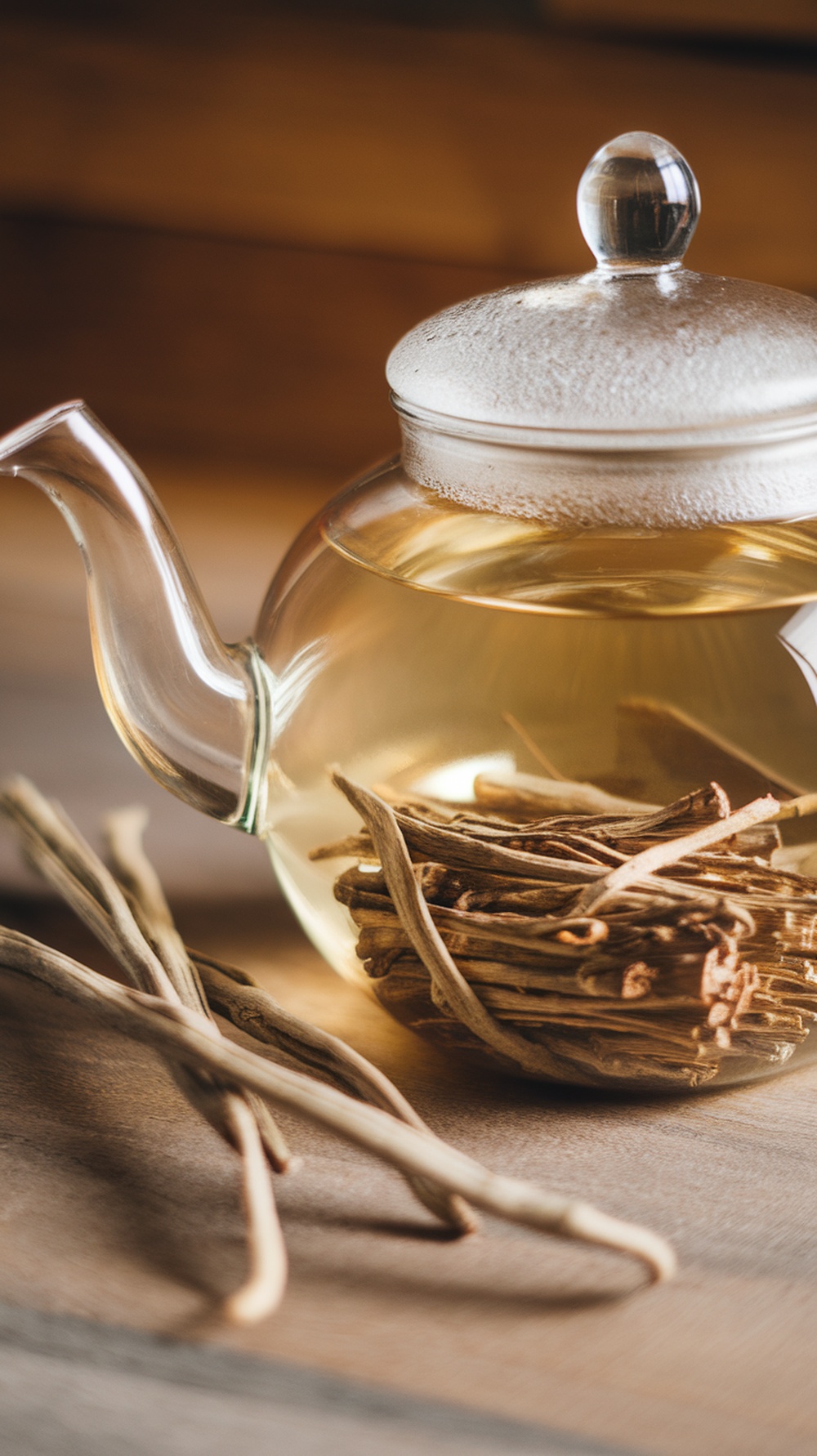 A glass teapot with valerian root herbal infusion and dried valerian root sticks.
