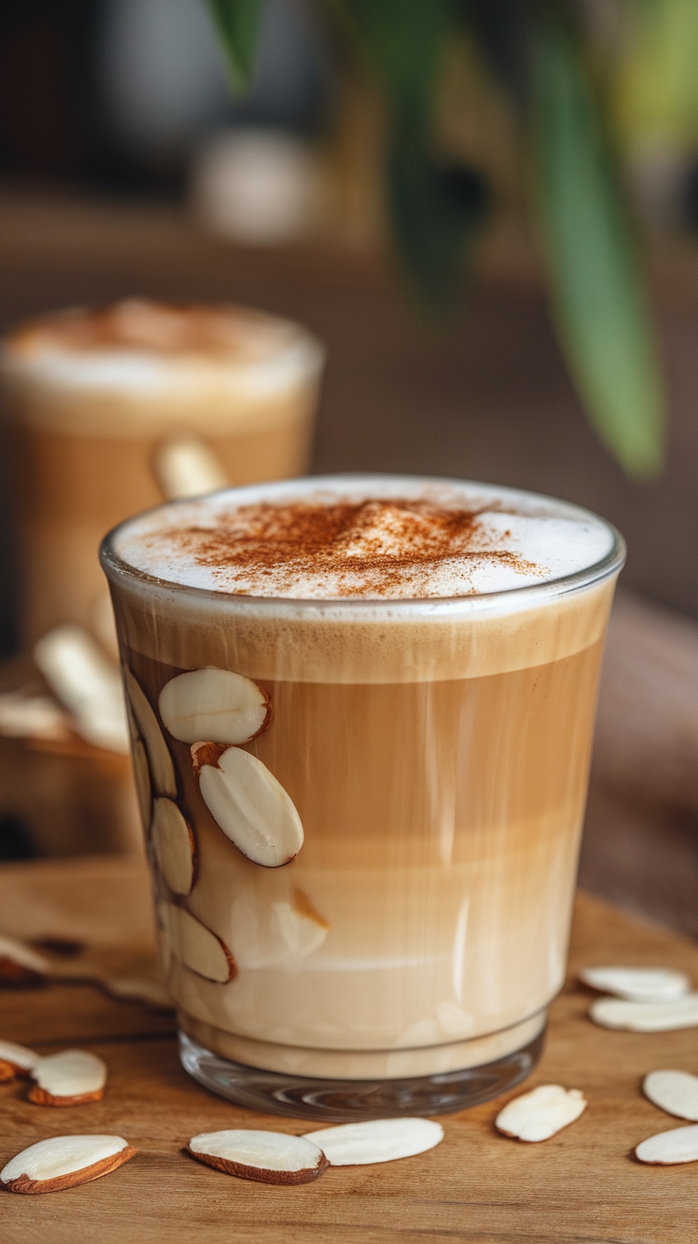 A glass of Vanilla Almond Protein Brew with almond slices around it.