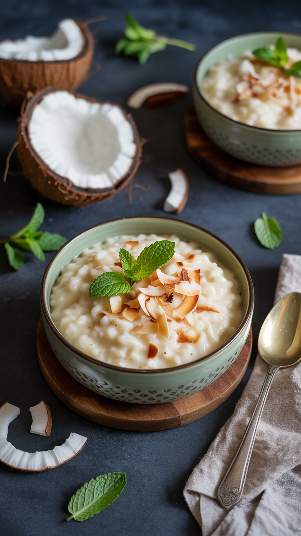 A bowl of vanilla coconut rice pudding topped with toasted coconut and mint leaves, with coconut shells in the background.