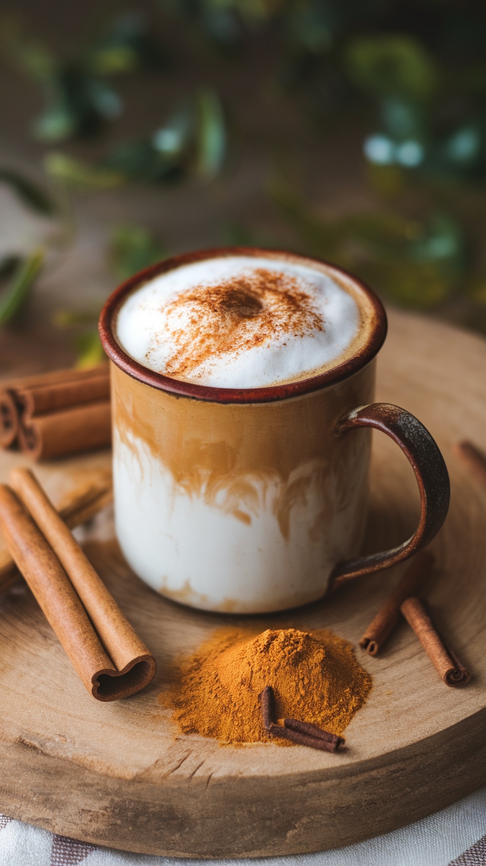 A cozy cup of vegan pumpkin spice coffee with cinnamon sticks and spices.