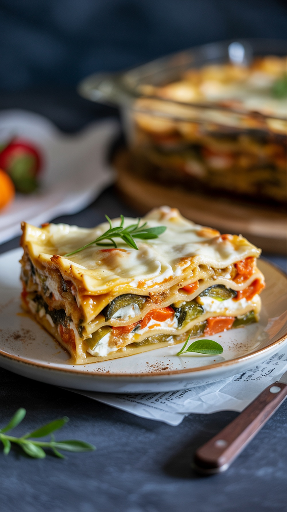 A delicious slice of vegetable lasagna with ricotta cheese, showcasing layers of vegetables and cheese.