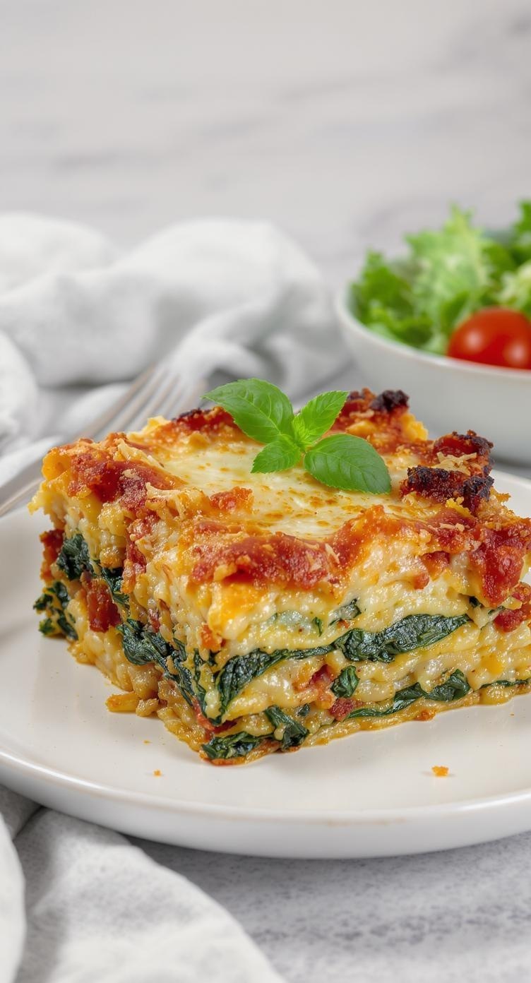 A slice of vegetable lasagna with spinach and ricotta on a plate