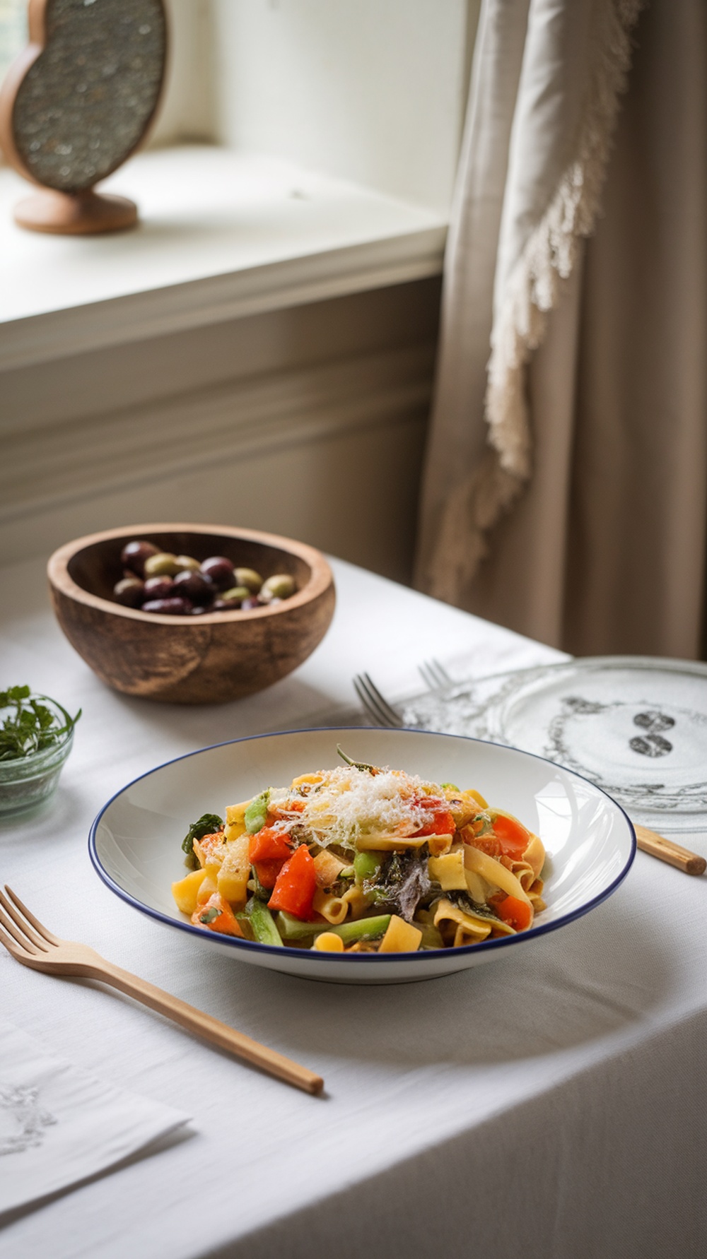 A bowl of Vegetable Pasta Primavera with colorful vegetables and grated cheese on top.