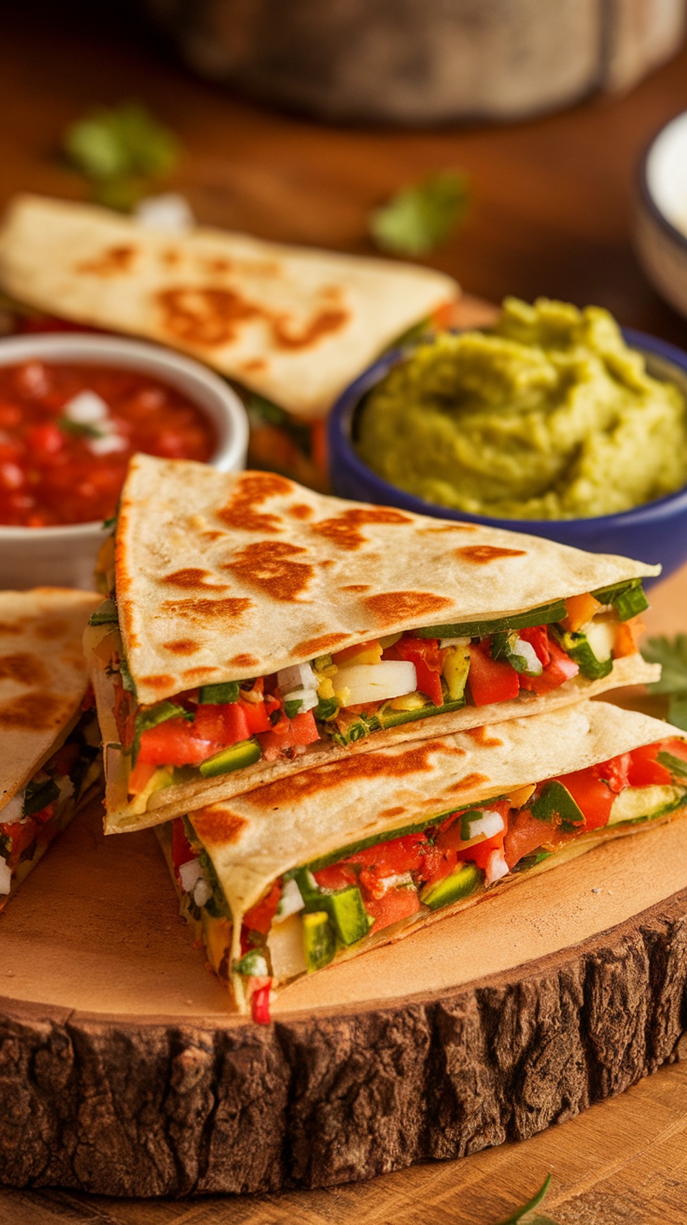Delicious vegetable quesadillas with salsa and guacamole