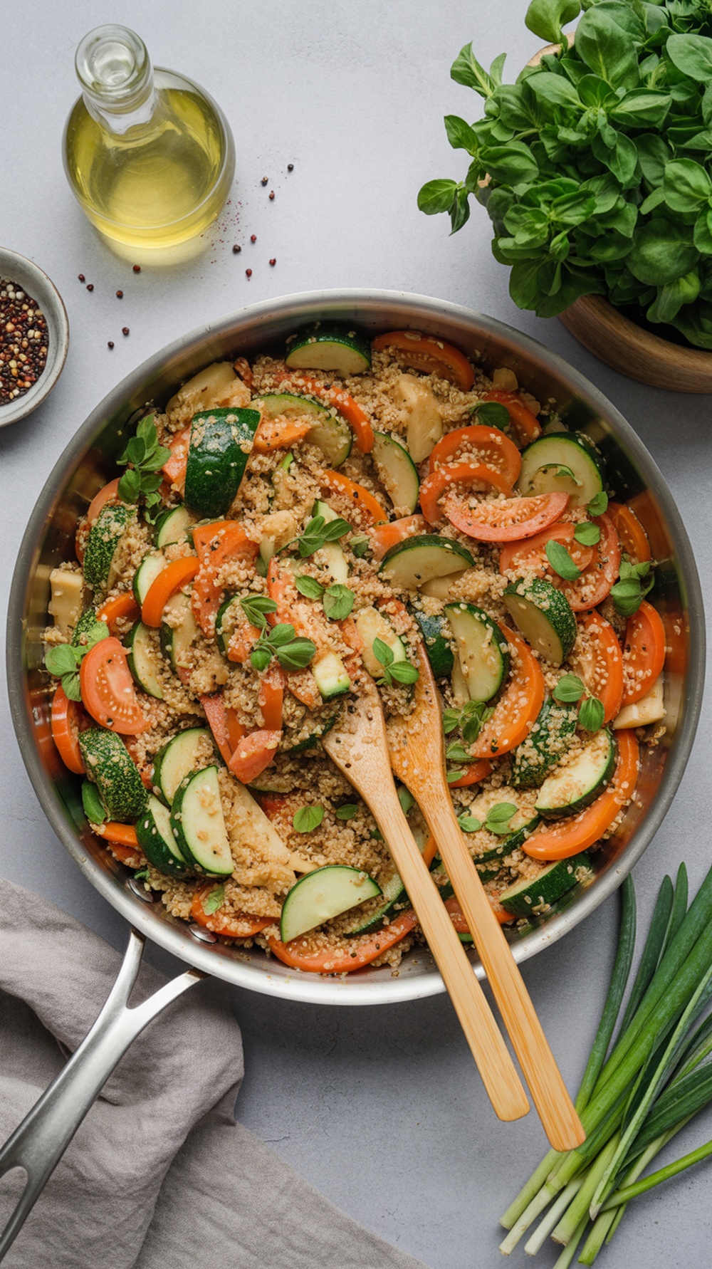 A colorful vegetable quinoa stir-fry in a skillet with wooden utensils.