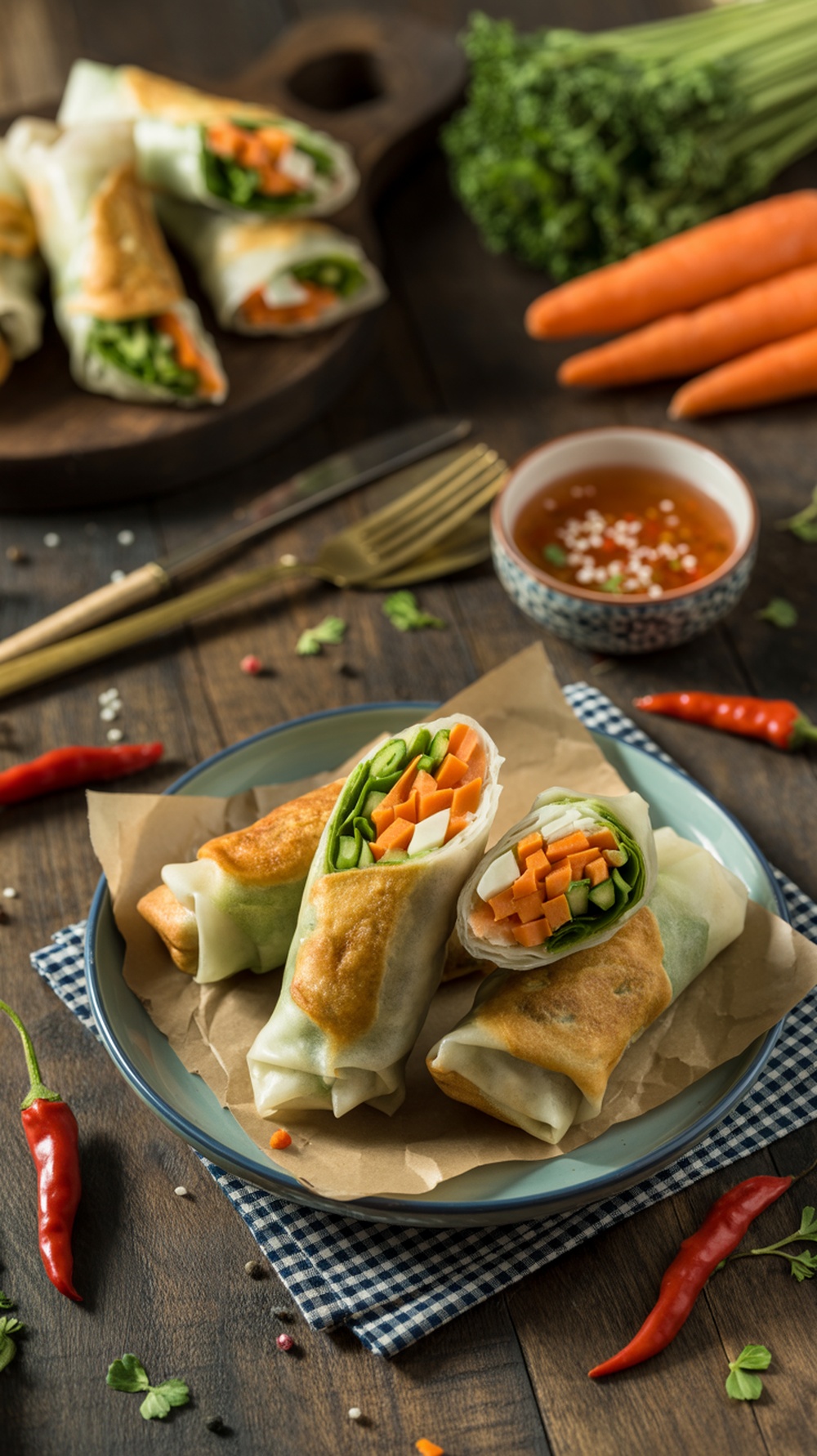 Delicious vegetable spring eggrolls on a plate with fresh vegetables and dipping sauce.