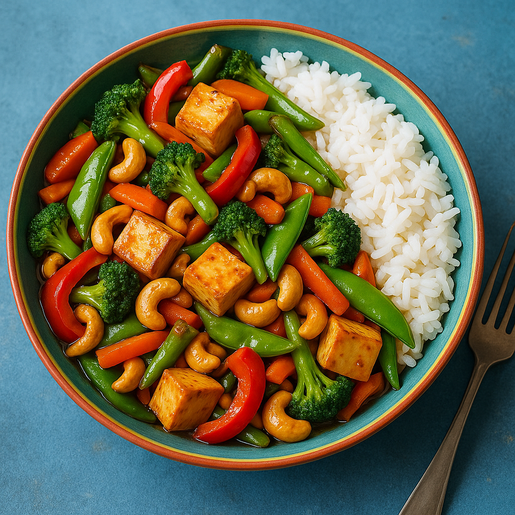 A colorful bowl of vegetable stir-fry with tofu and cashews served with rice.