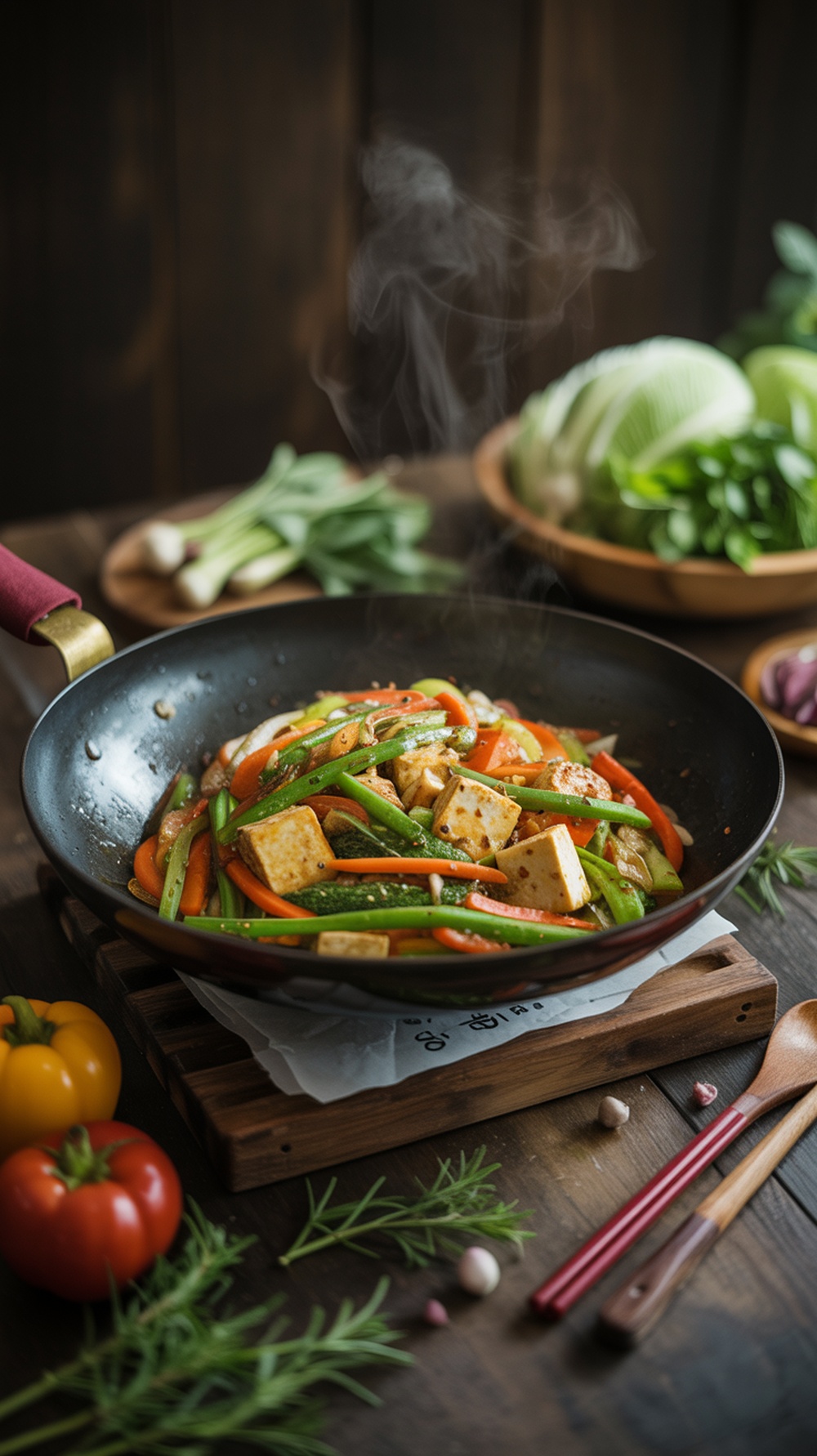 A colorful vegetable stir-fry with tofu in a frying pan, surrounded by fresh vegetables.