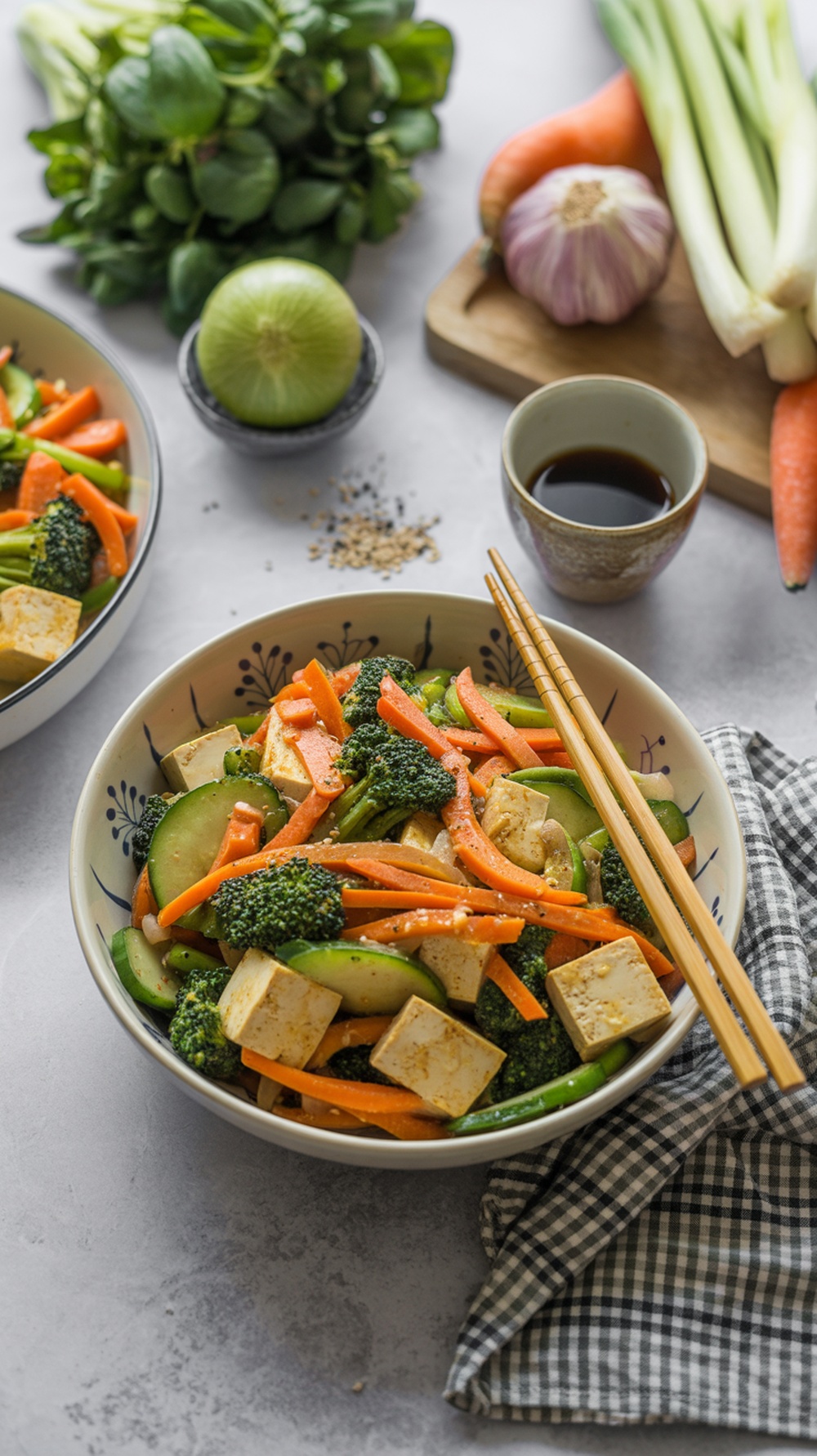 A colorful vegetable stir-fry with tofu in a bowl, ready to eat.