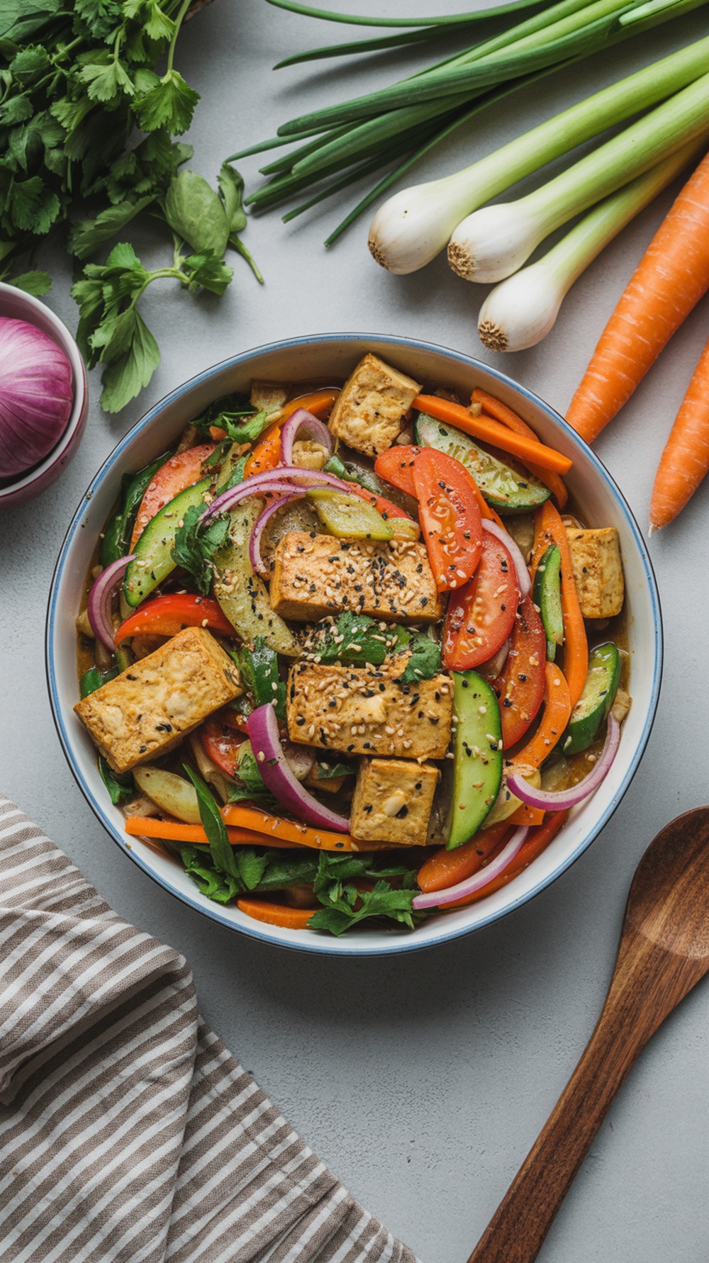 A delicious bowl of colorful vegetable stir-fry with tofu