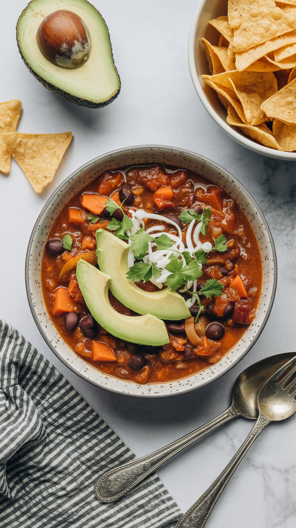 A bowl of vegetarian chili topped with avocado slices and cilantro, with tortilla chips on the side.