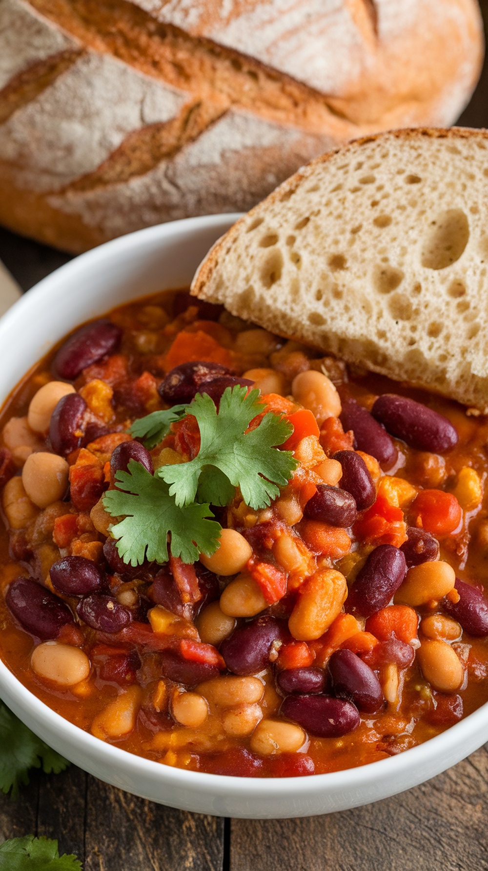 A bowl of vegetarian chili topped with cilantro, next to a slice of bread