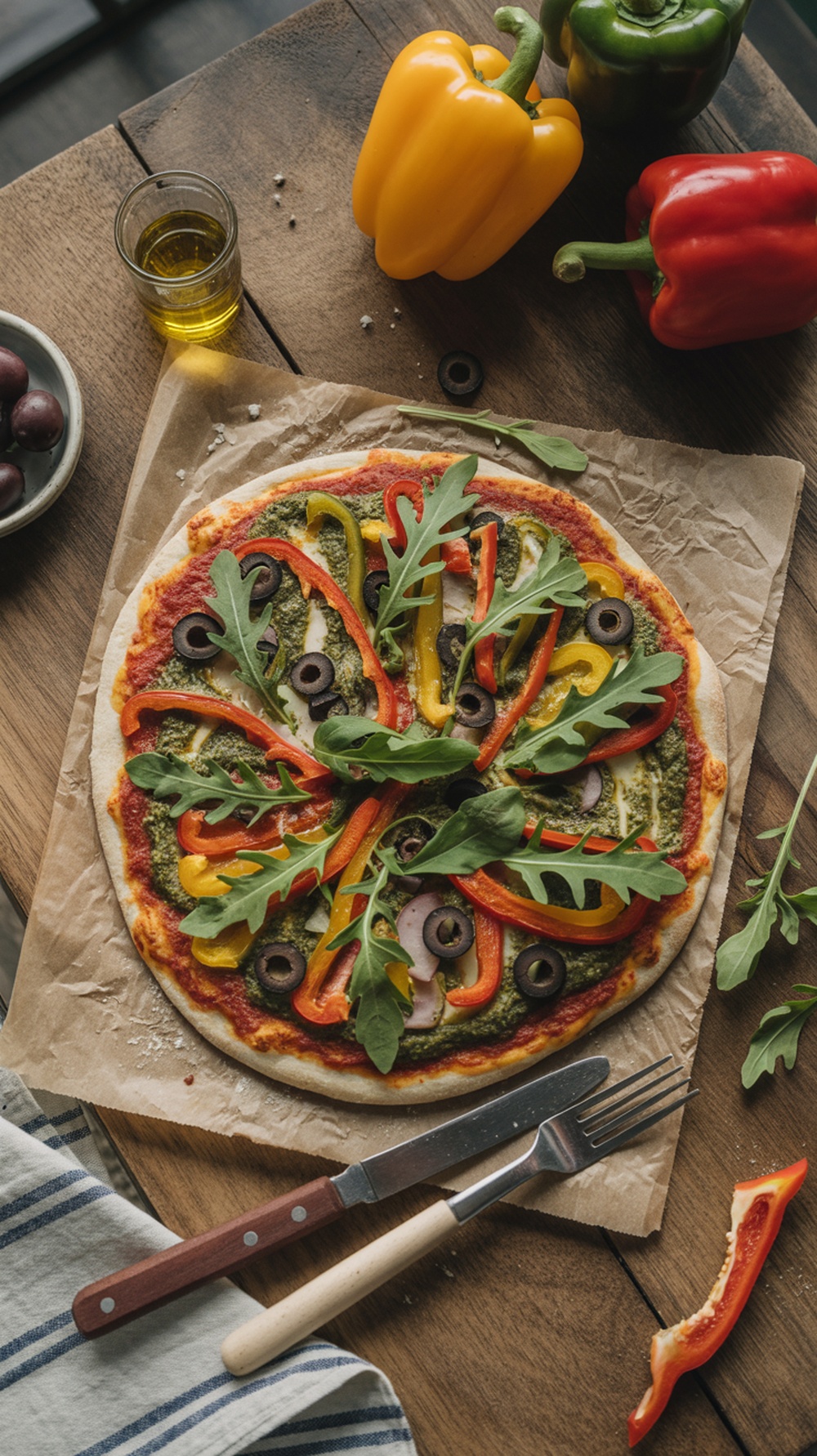 A homemade vegetarian pizza featuring colorful bell peppers, olives, and arugula.