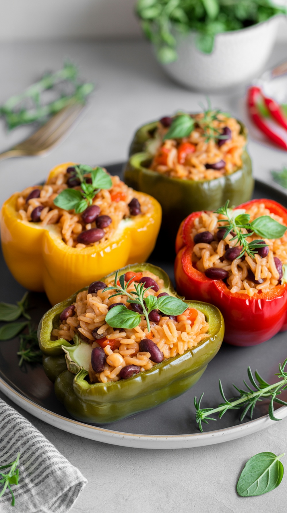 Vegetarian stuffed peppers filled with rice and beans