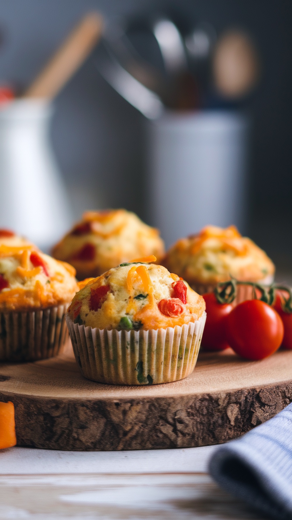 Veggie and cheese muffins on a wooden board with cherry tomatoes.