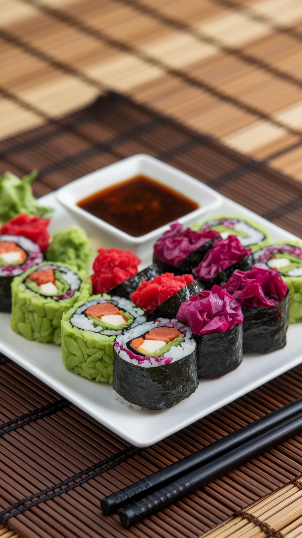 Colorful veggie sushi rolls served with dipping sauce on a plate