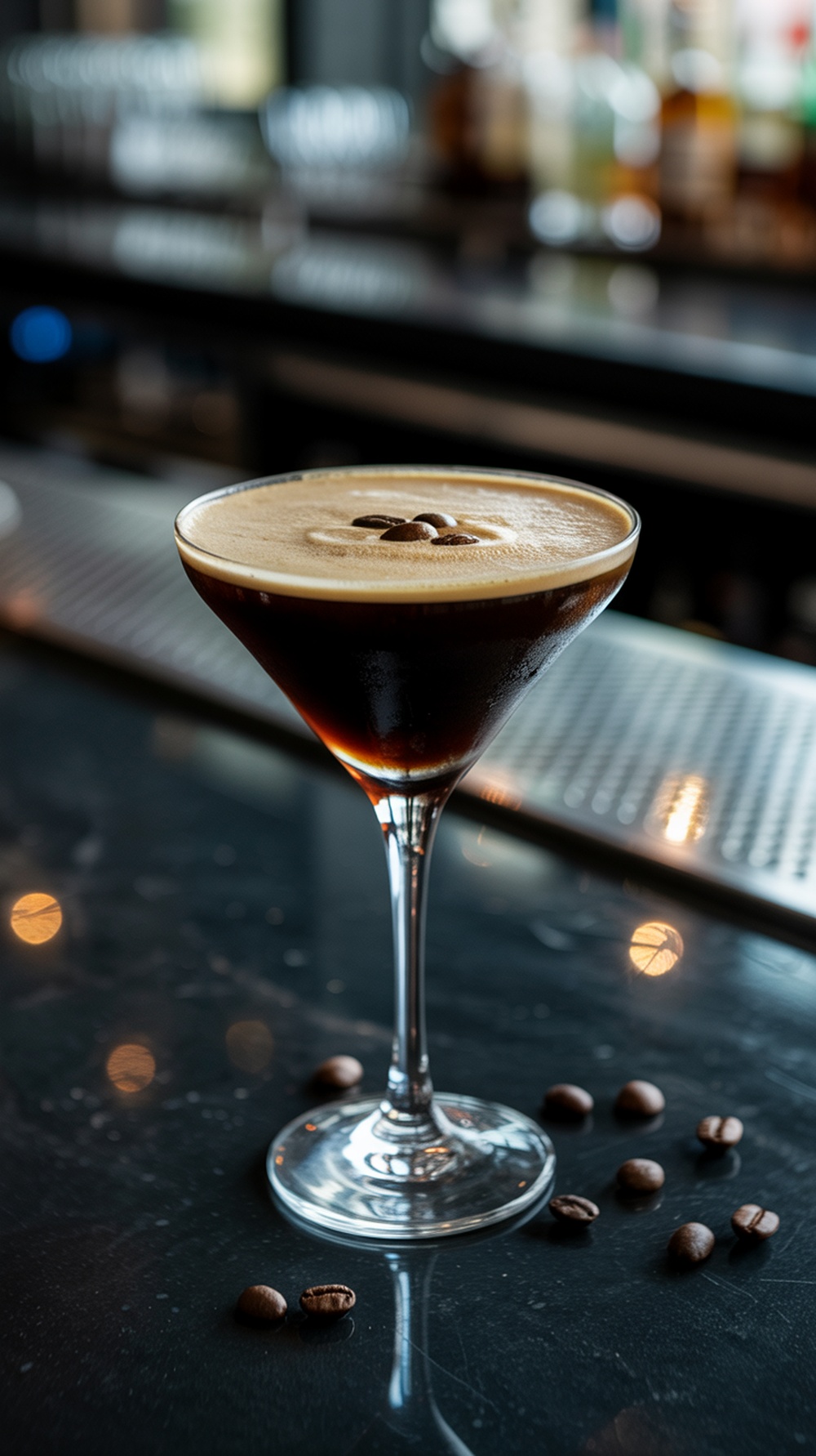 A close-up of a velvety Espresso Martini in a sleek glass, garnished with coffee beans.