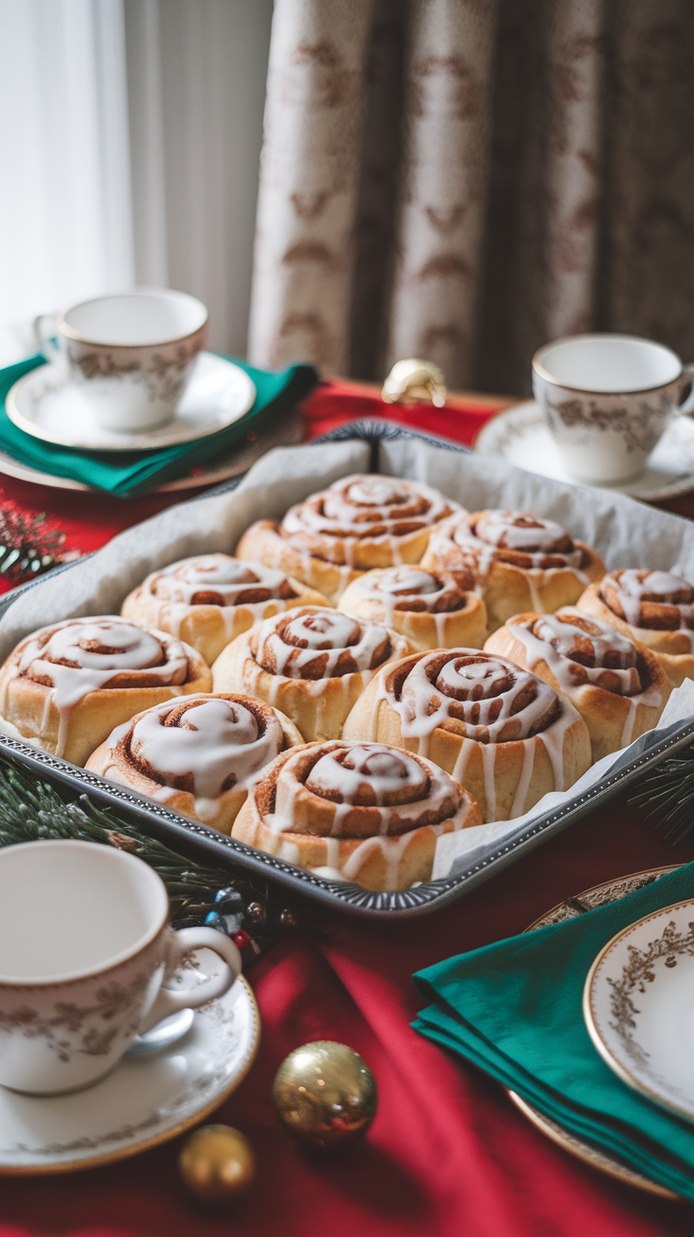 A tray of warm cinnamon rolls with icing, set on a festive table.
