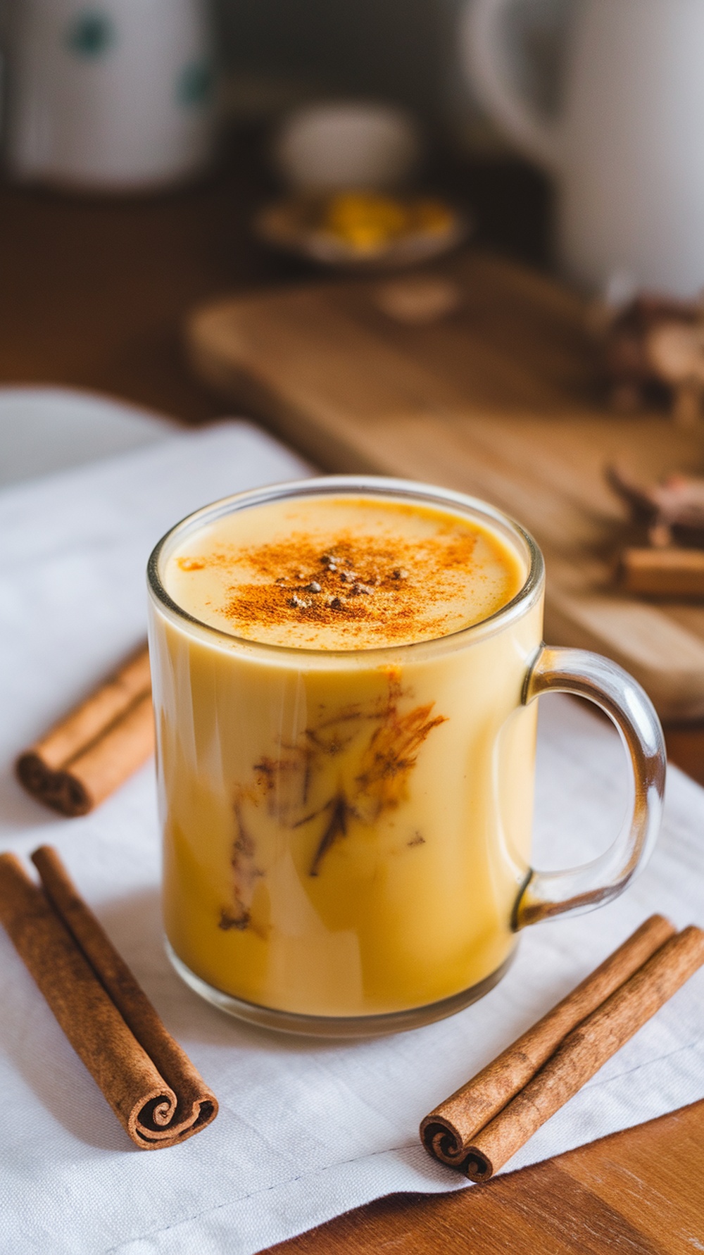 A glass of warm golden milk with cinnamon sticks on a white napkin