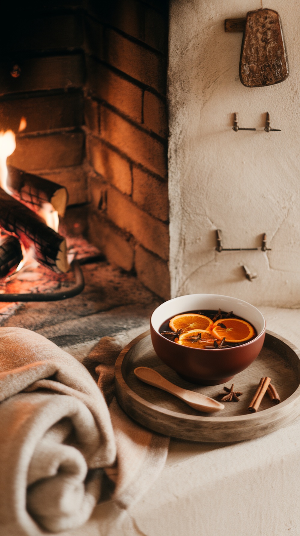 A bowl of warm mulled wine with orange slices and spices, placed beside a cozy fireplace.