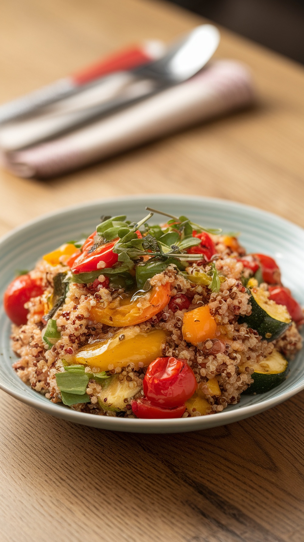 A warm quinoa salad with roasted vegetables served in a bowl