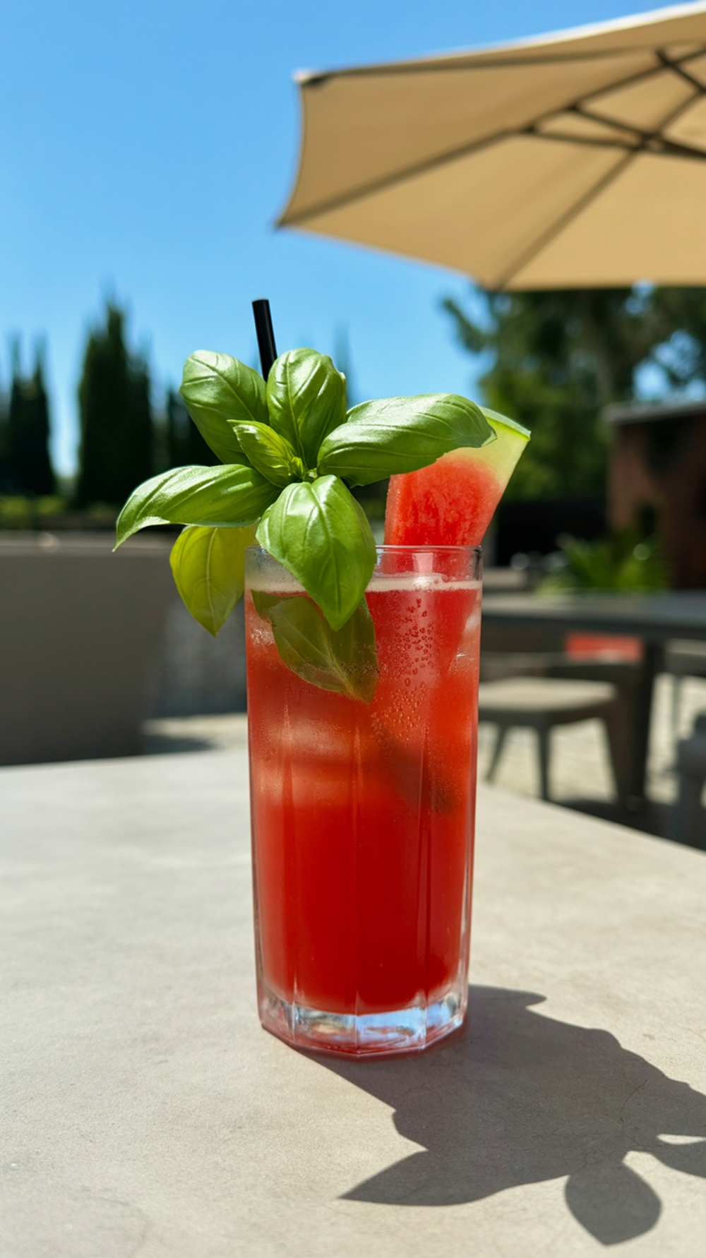 A refreshing watermelon basil cooler drink served in a tall glass with a basil garnish.
