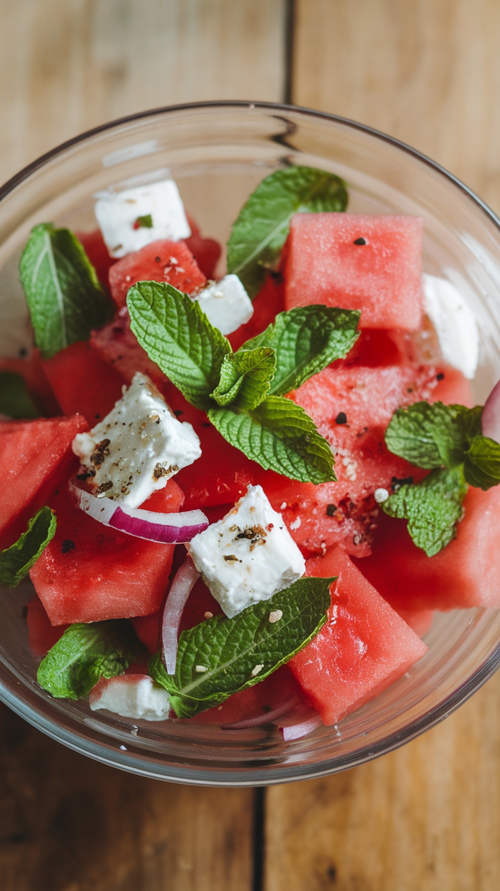A colorful bowl of watermelon feta salad with fresh mint and red onion.