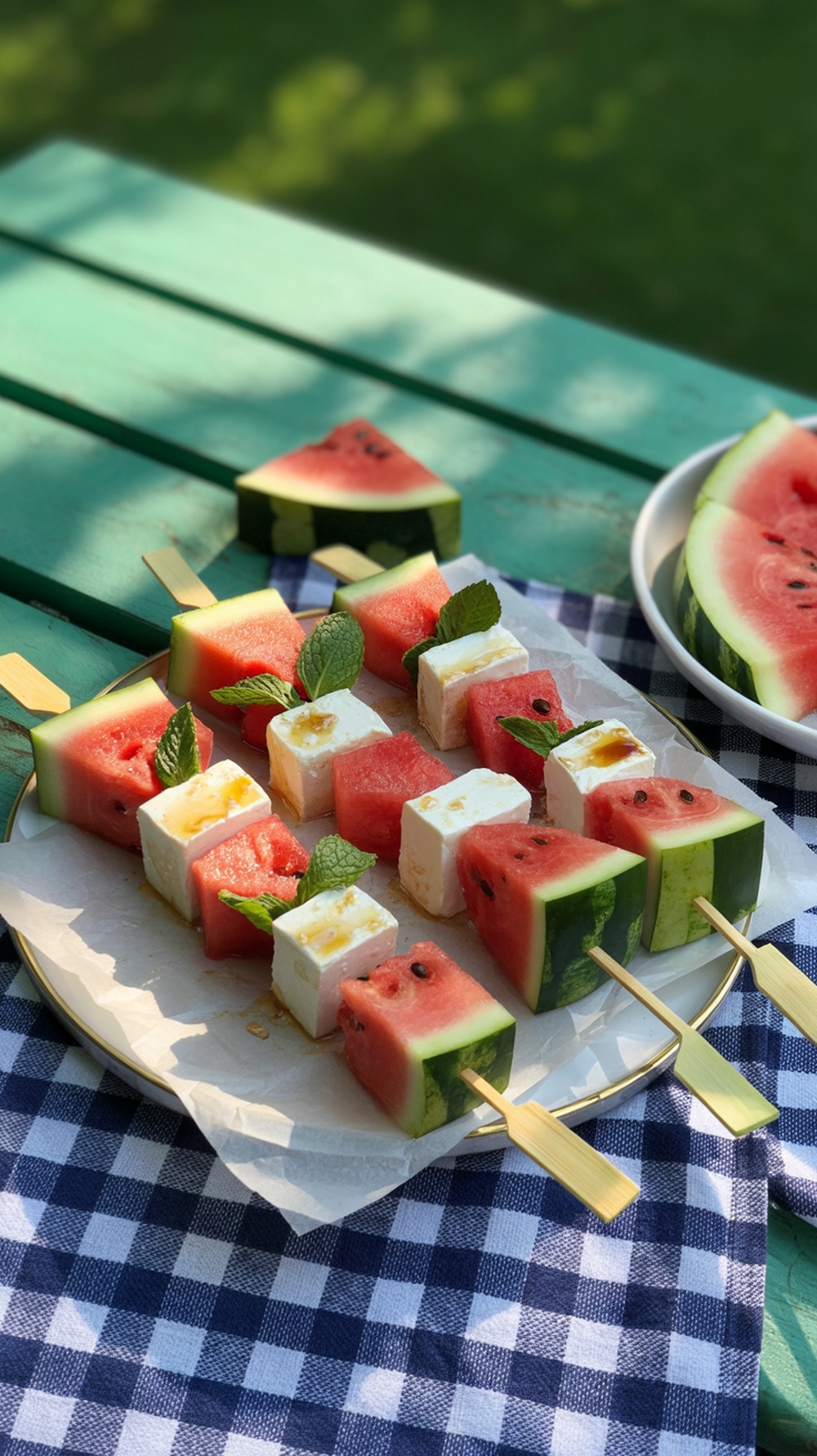 A plate of watermelon feta skewers with mint leaves, arranged on a picnic cloth.