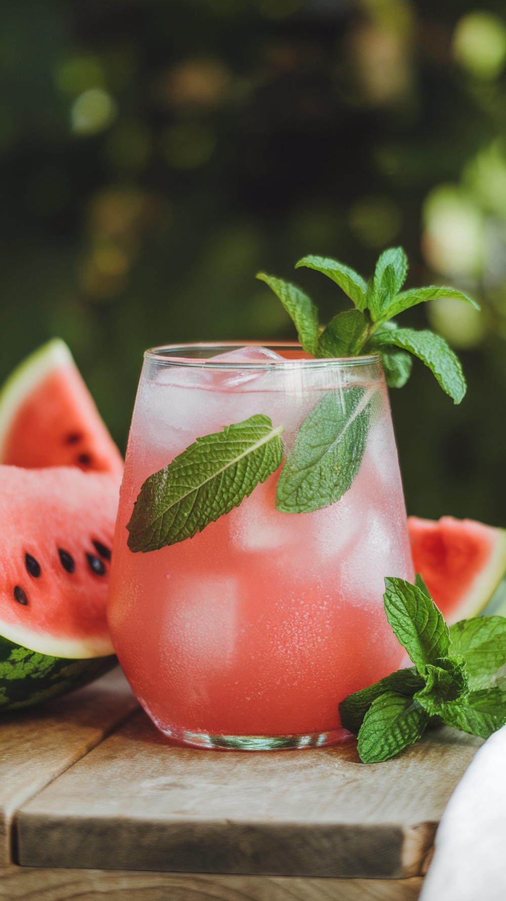 A refreshing Watermelon Mint Cooler drink garnished with mint leaves
