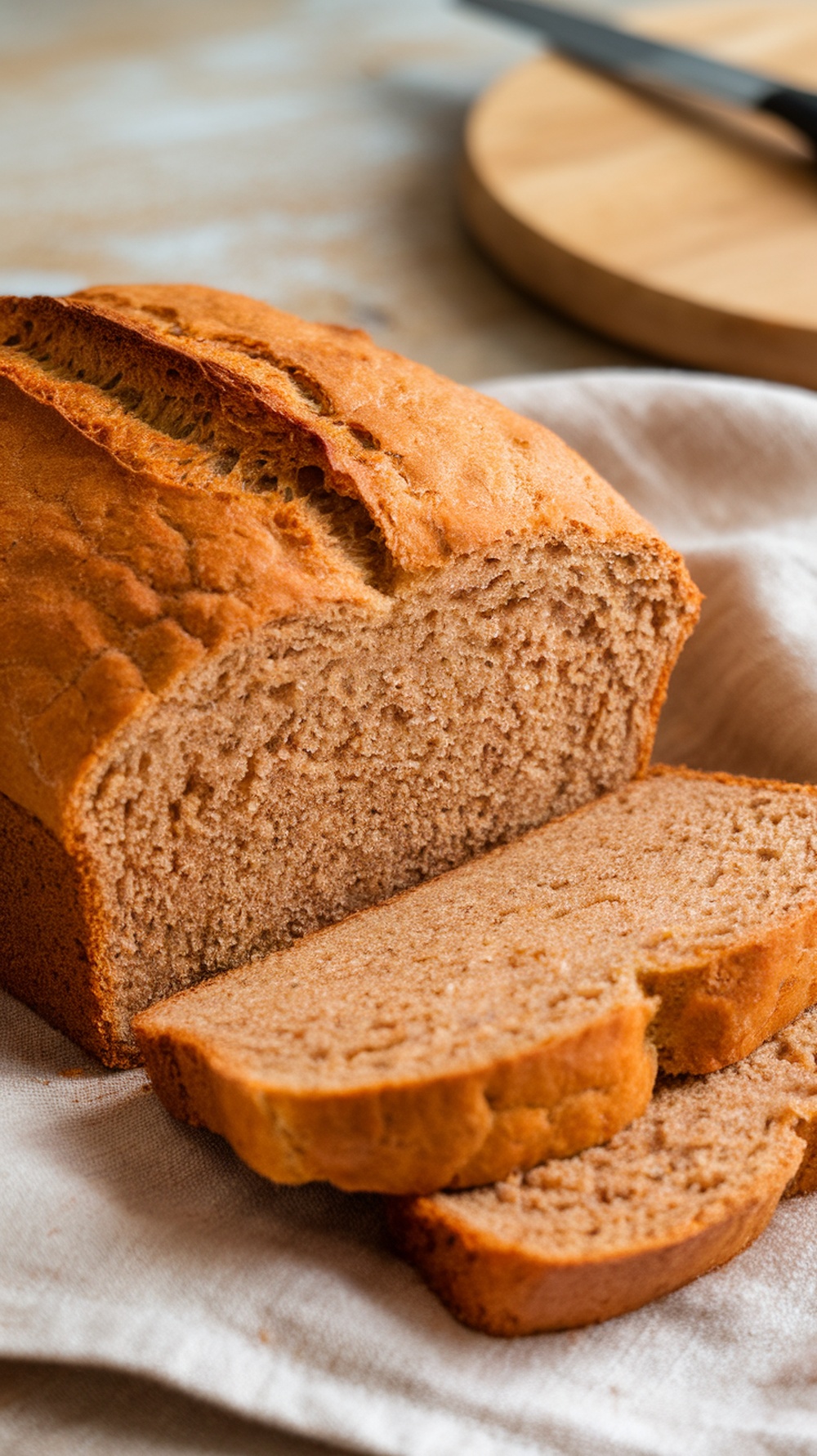 A loaf of freshly baked whole wheat honey bread with slices cut