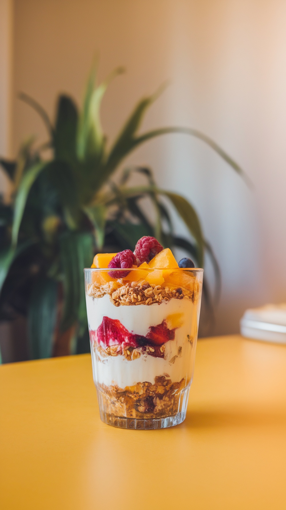 A colorful yogurt parfait with granola, fruits, and yogurt in a clear glass.