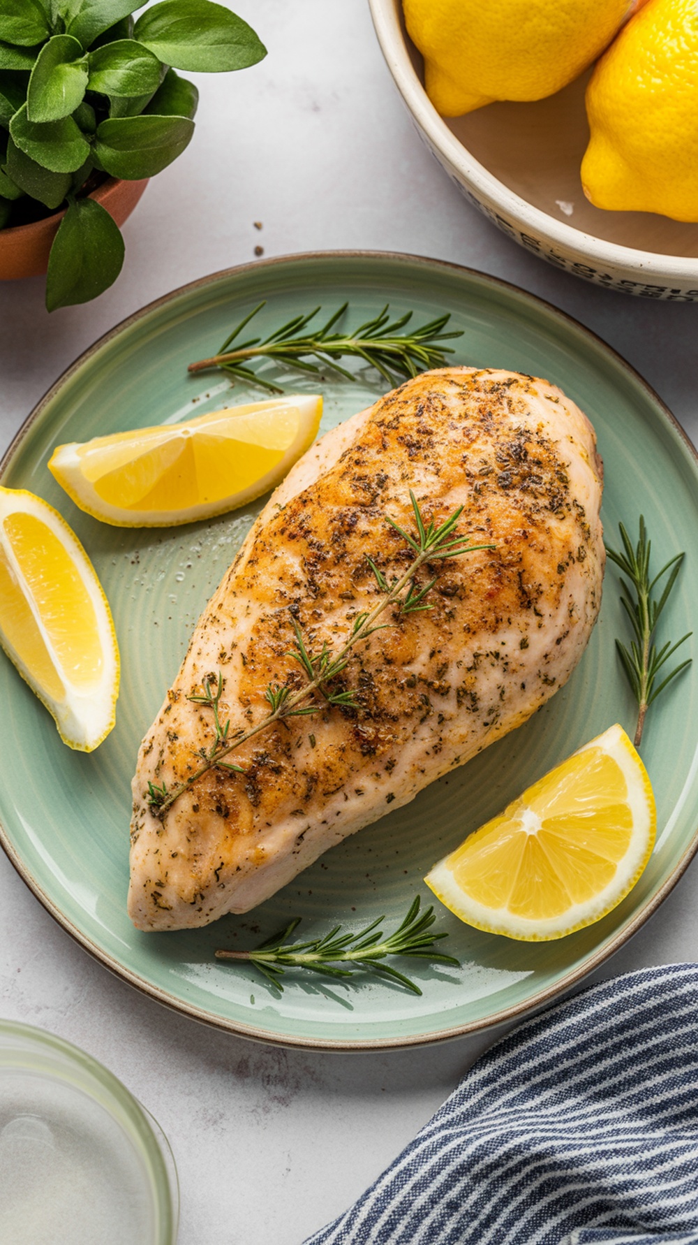 Air Fryer Lemon Garlic Chicken with lemon slices and rosemary