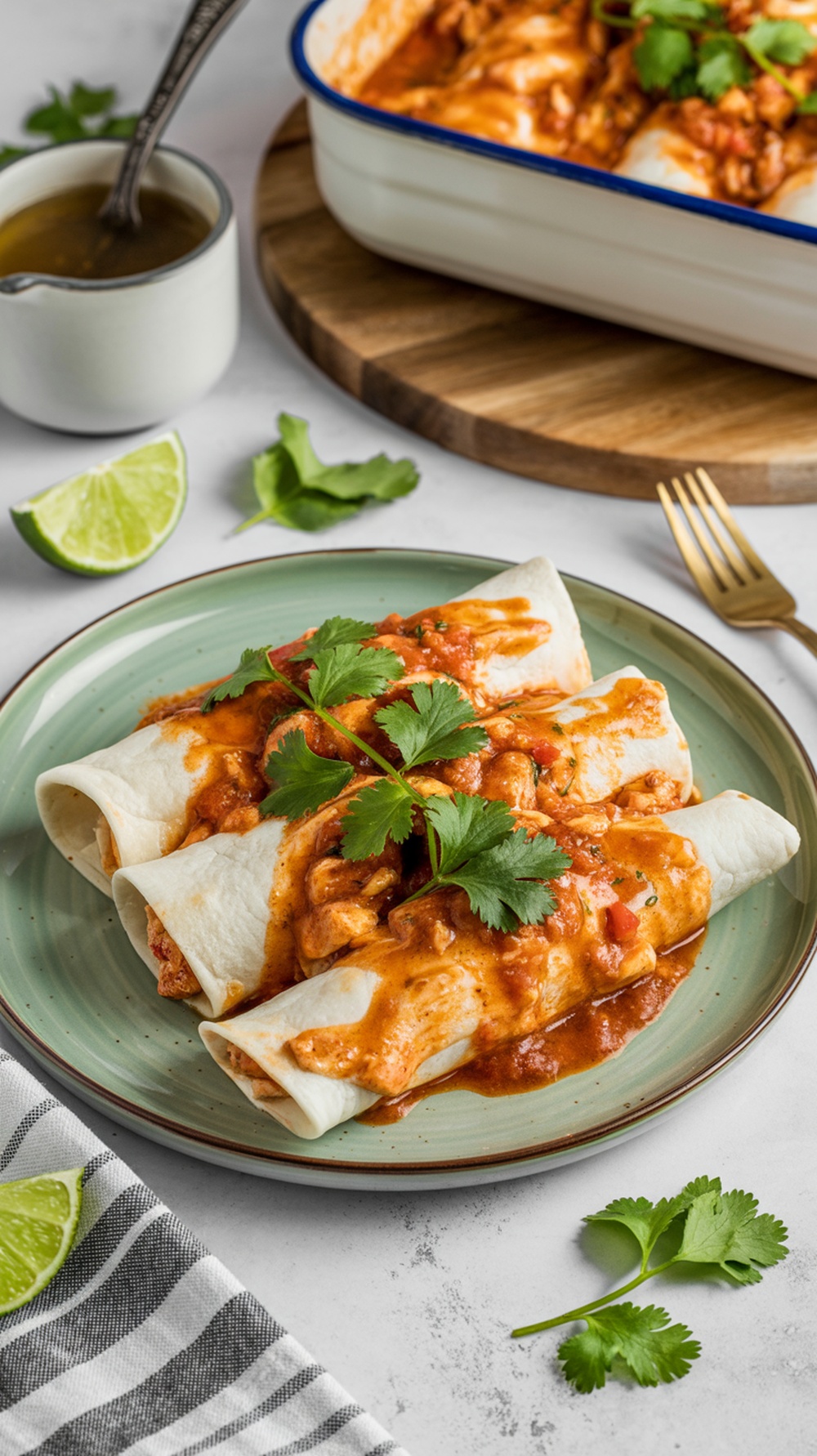 Plate of chicken enchiladas with sauce and cilantro decoration