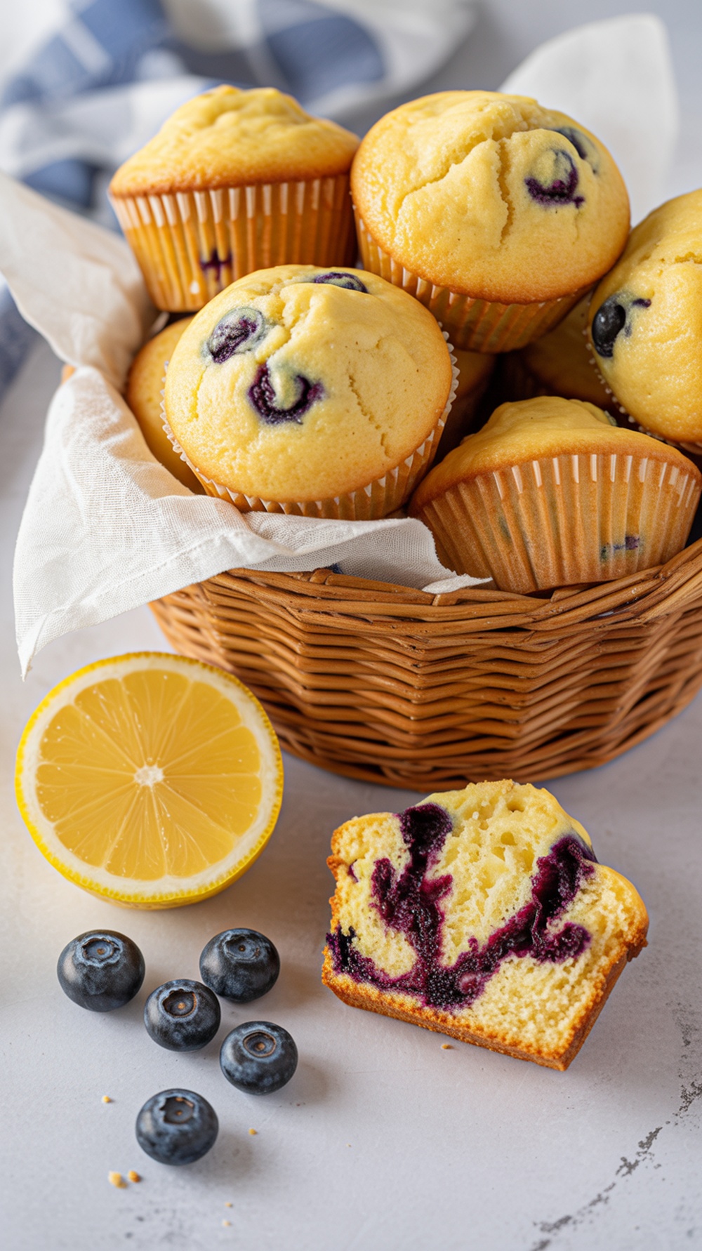 A basket of freshly baked lemon blueberry muffins with a lemon half and blueberries