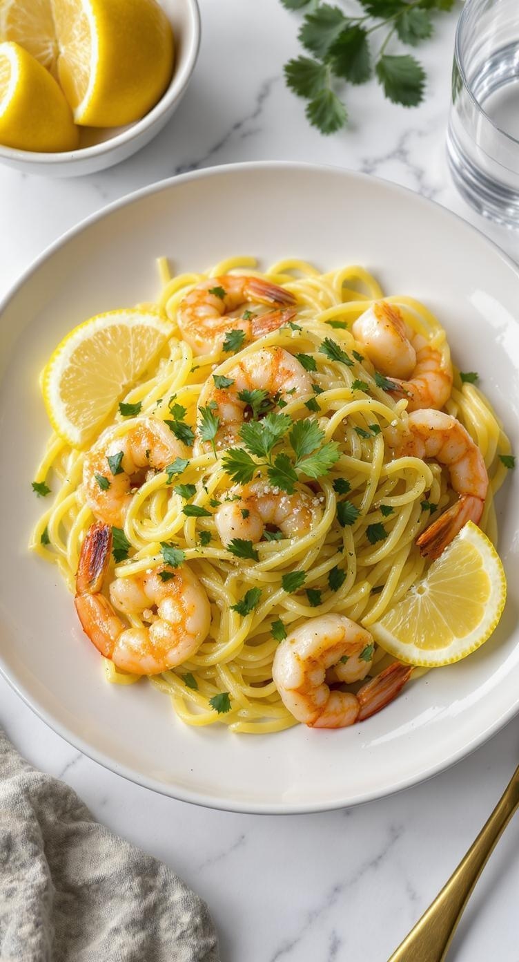 A plate of lemon garlic shrimp pasta garnished with fresh herbs and lemon slices.